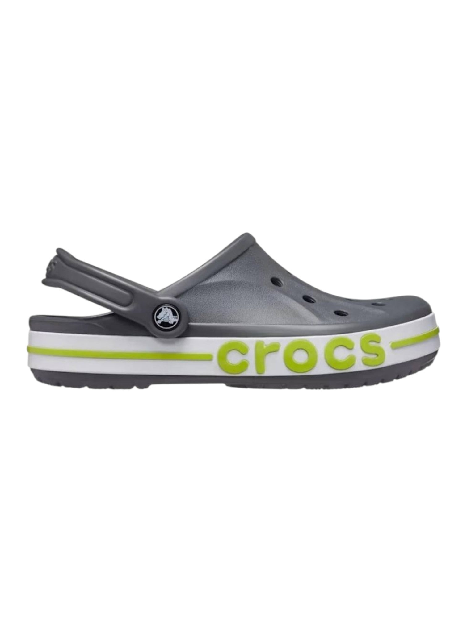 Gray croc with green text on a white background. Crocs, Monza Outlet, Monza Fashion, Shein Outlet 
