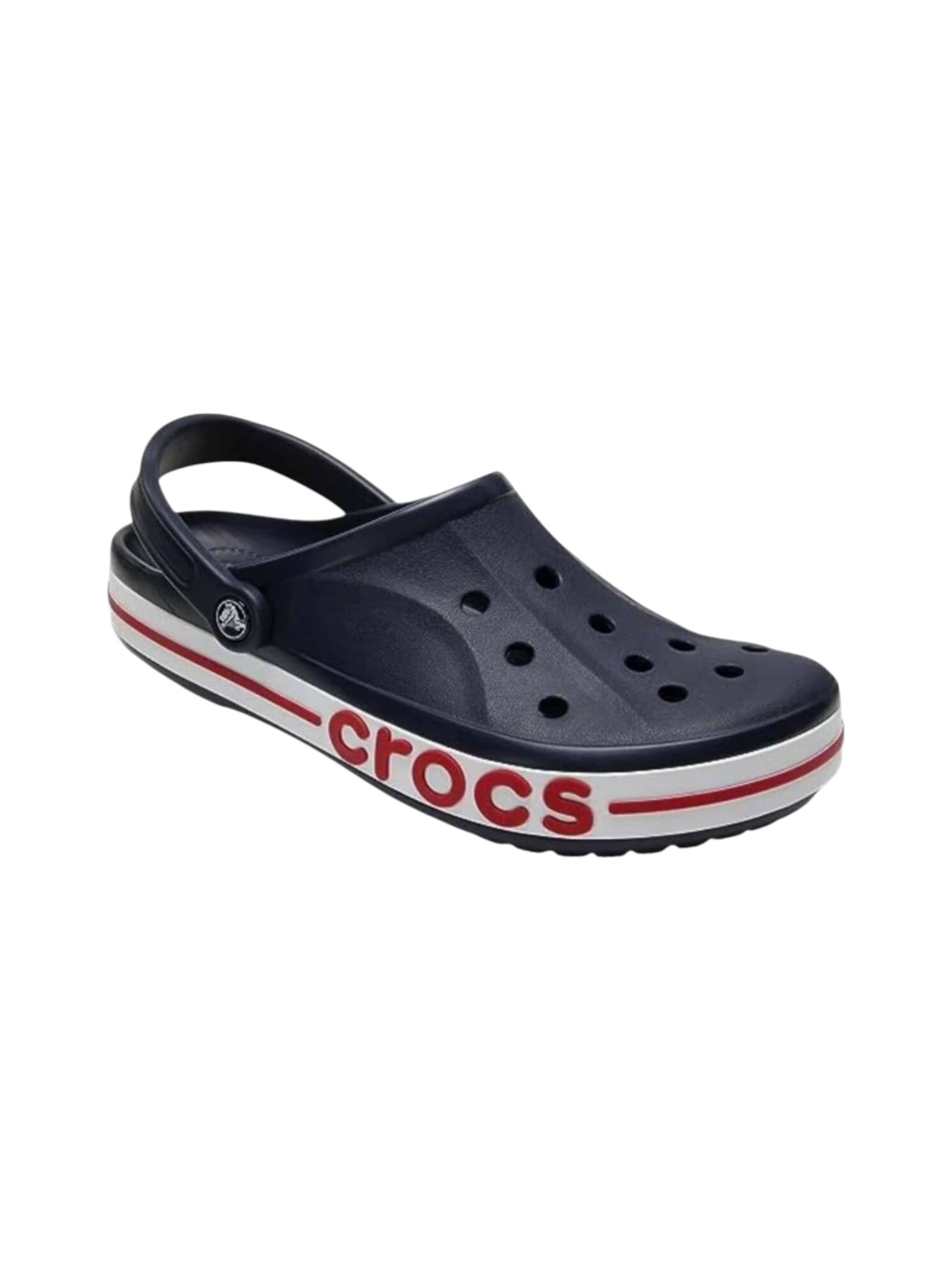 Navy blue sandal with red and white Crocs logo on a white background. Crocs, Monza Outlet, Monza Fashion, Shein Outlet 