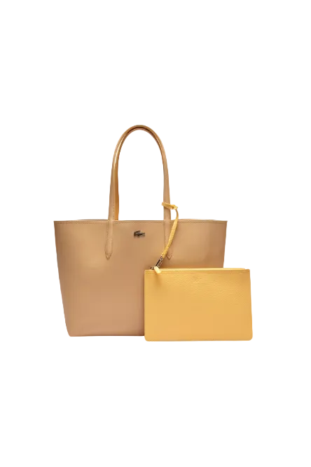 Beige tote bag with a yellow pouch on a white background Lacoste Monza Outlet, Monza Fashion, Shein Outlet
