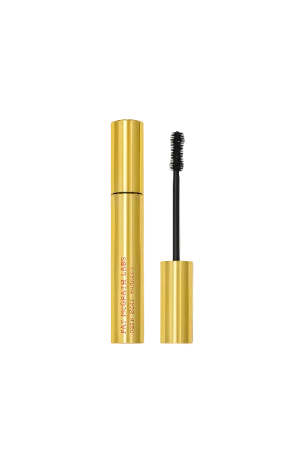 Gold mascara tube with black wand on a white background. Pat McGrath Labs Monza Outlet