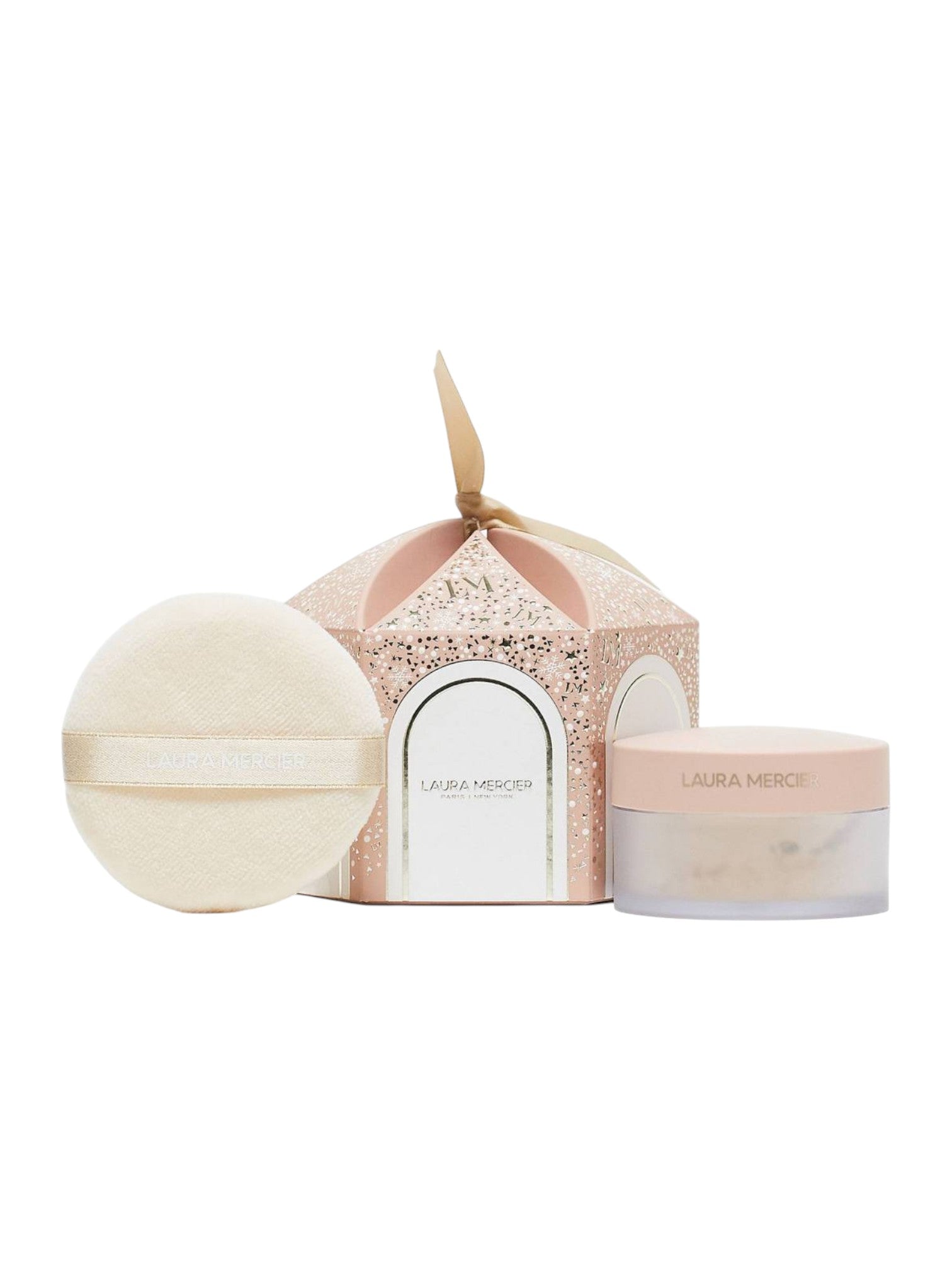 Laura Mercier beauty products including a compact, a round container, and a spherical item on a white background.  Laura Mercier Monza Outlet