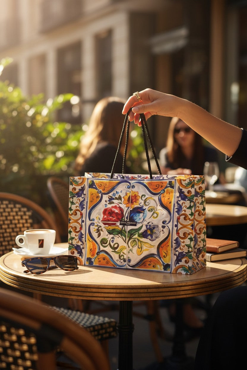 Decorative bag with floral patterns held over a table with a cup and sunglasses. Dolce Gabbana, Monza Outlet, Monza Fashion, Shein Outlet 