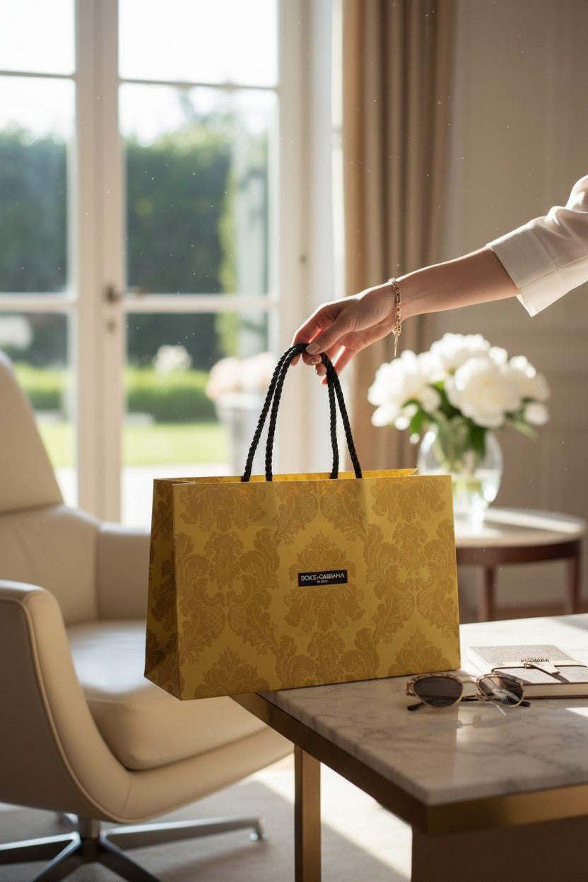 Person placing a yellow patterned bag on a table with a blurred outdoor background. Dolce Gabbana, Monza Outlet, Monza Fashion, Shein Outlet 