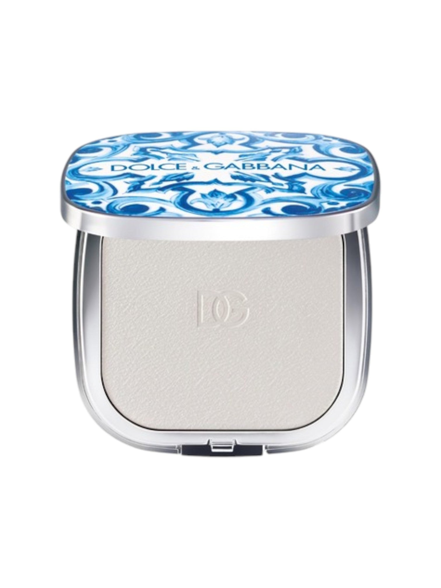 Dolce & Gabbana powder compact with blue and white patterned lid on a white background Dolce Gabbana Monza Outlet