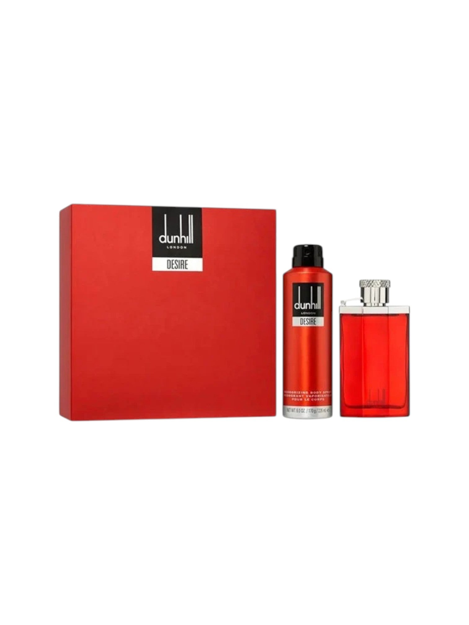 Dunhill perfume set with red box and bottles on a white background. Dunhill, Monza Outlet, Monza Fashion, Shein Outlet