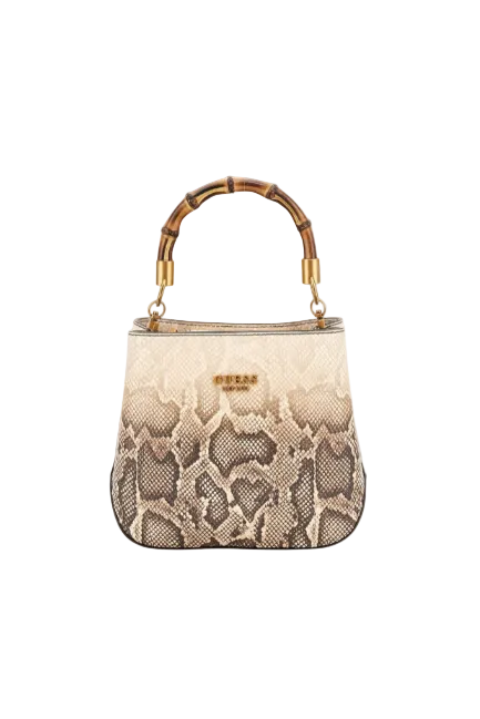 Snake pattern handbag with wooden handle and gold accents on a white background. Guess, Monza Outlet, Monza Fashion, Shein Outlet