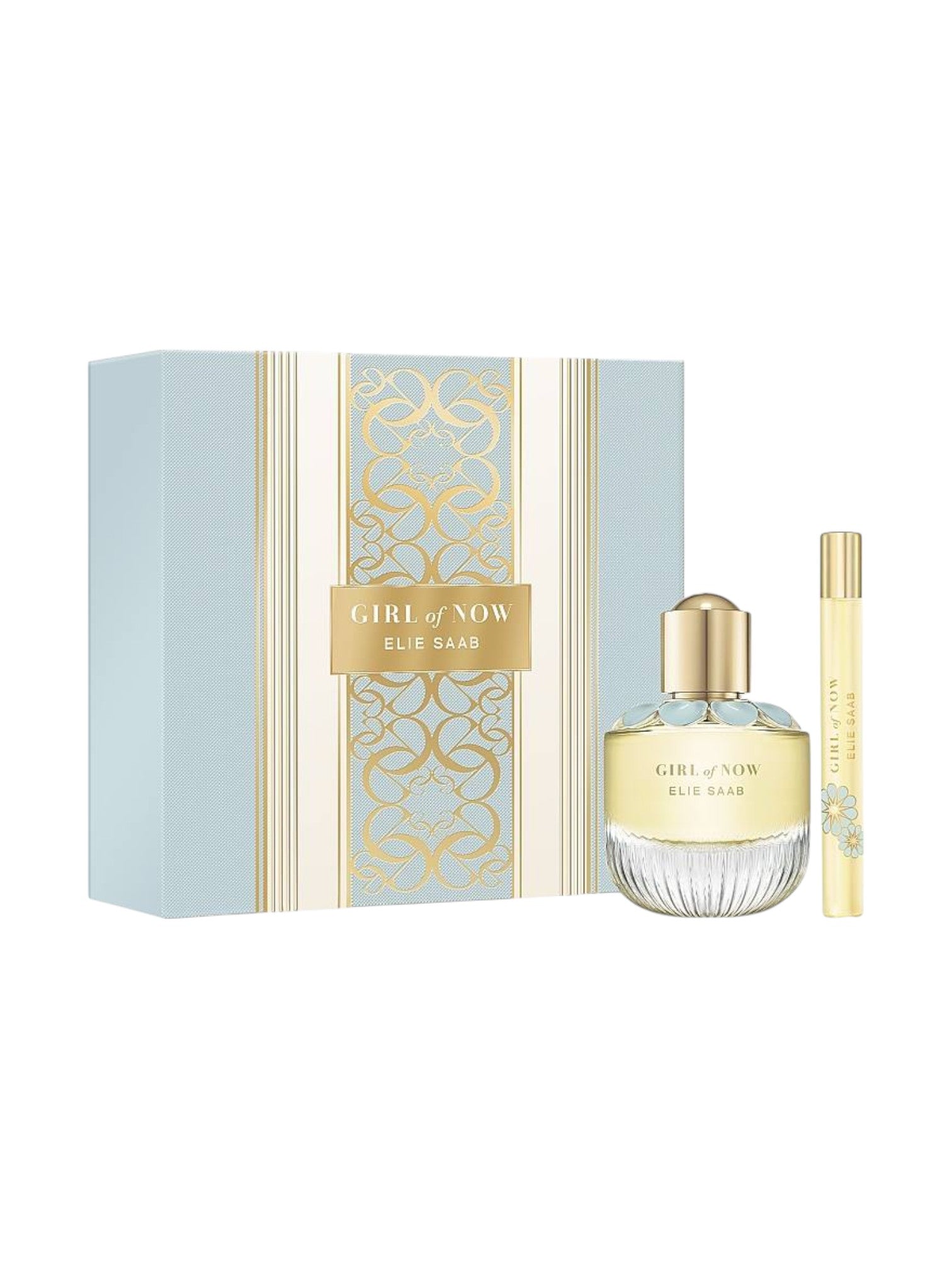 Elie Saab Girl of Now perfume set with bottle and packaging on a white background. Elie Saab, Monza Outlet, Monza Fashion, Shein Outlet
