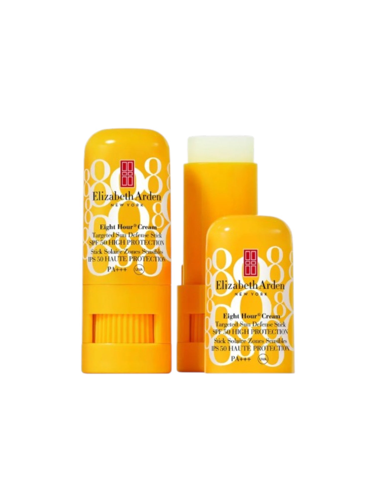 Three Elizabeth Arden Eighty Eight lip balm sticks in a bright yellow-orange color, arranged on a plain white background. Elizabeth Arden, Monza Outlet, Monza Fashion, Shein Outlet