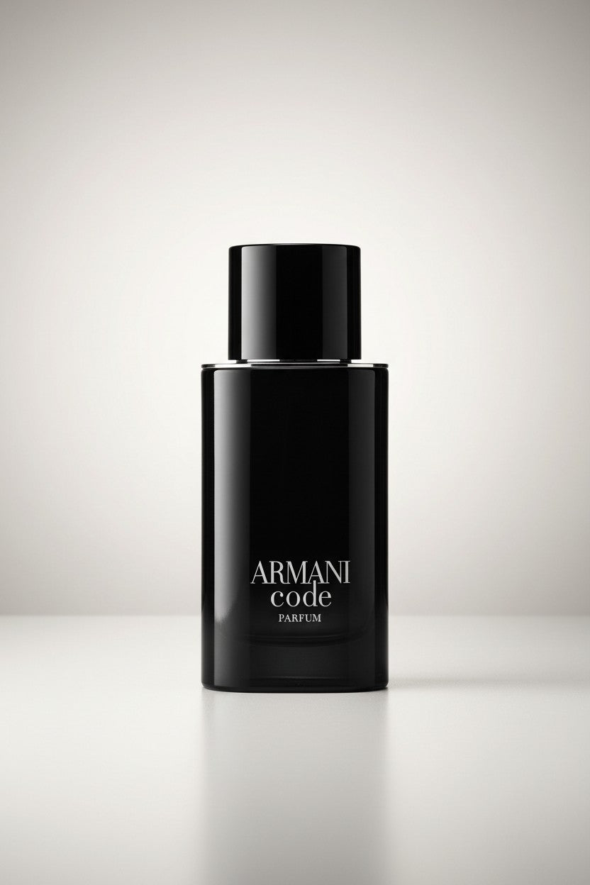 Armani Code Parfum bottle in matte black with silver lettering, centered on a light gray gradient background. Emporio Armani, Monza Outlet, Monza Fashion, Shein Outlet