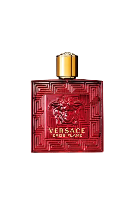 Red Versace Eros Flame perfume bottle with gold cap on a white background Versace Monza Outlet