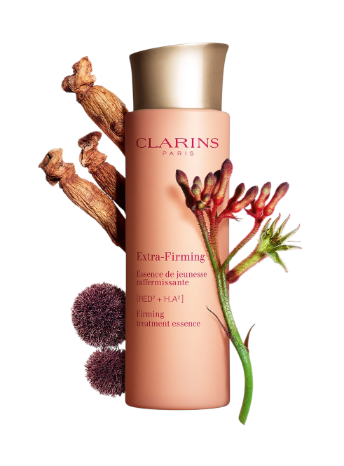 Clarins Extra-Firming treatment essence bottle with natural elements on a white background. Clarins, Monza Outlet, Monza Fashion, Shein Outlet