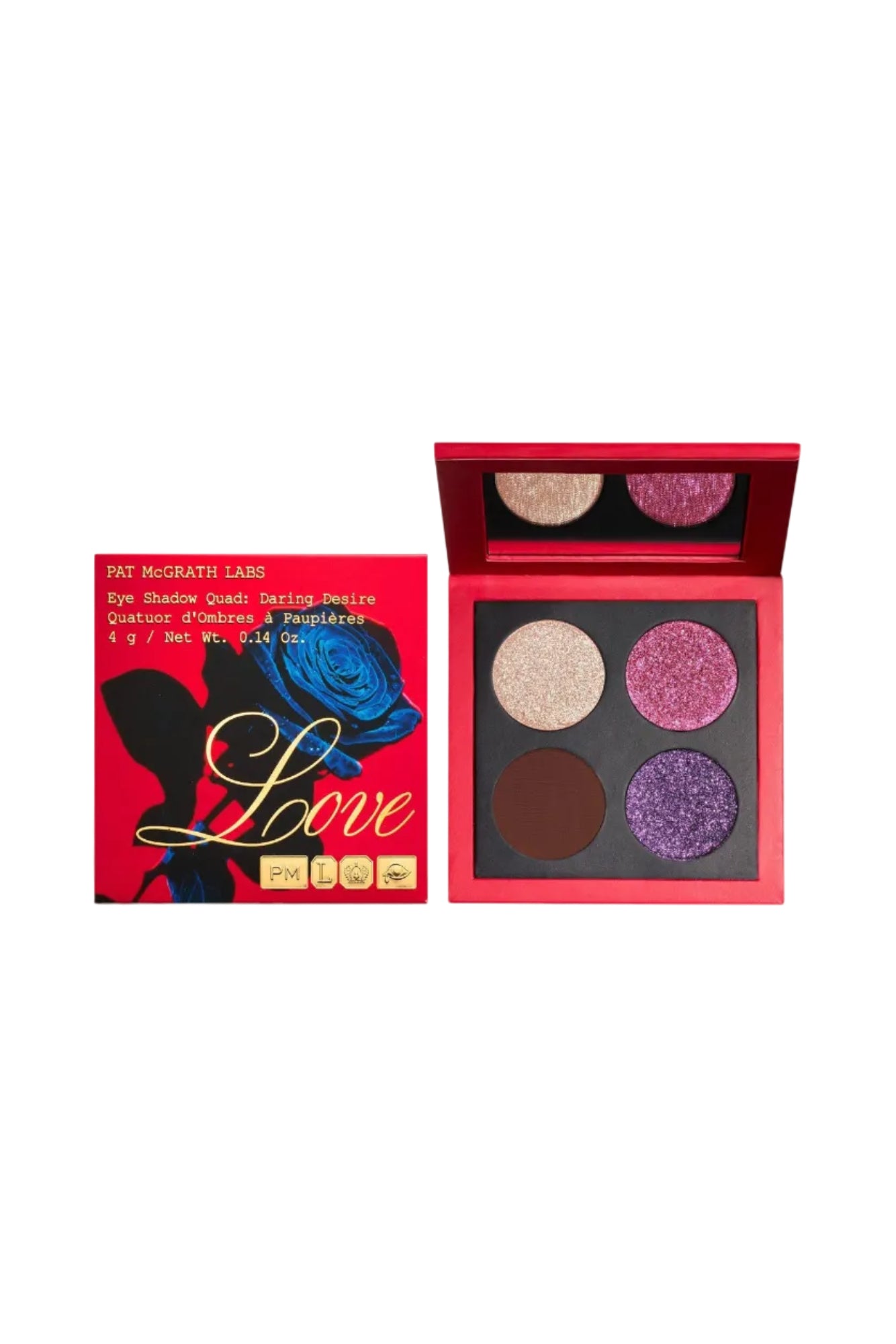 Pat McGrath Labs Eye Shadow Quad: Daring Desire packaging and product display showing four different shadow colors. Monza Outlet
