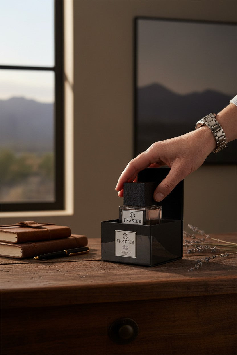 Person holding a Frasier & Co. perfume bottle on a wooden surface with a scenic background. Spectra, Monza Outlet, Monza Fashion, Shein Outlet