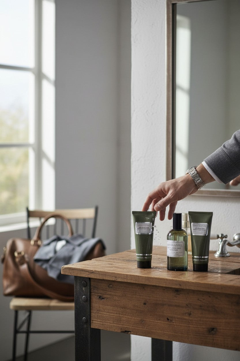 Person reaching for a bottle of skincare product on a wooden vanity with a window in the background. Geoffrey Beene, Monza Outlet, Monza Fashion, Shein Outlet
