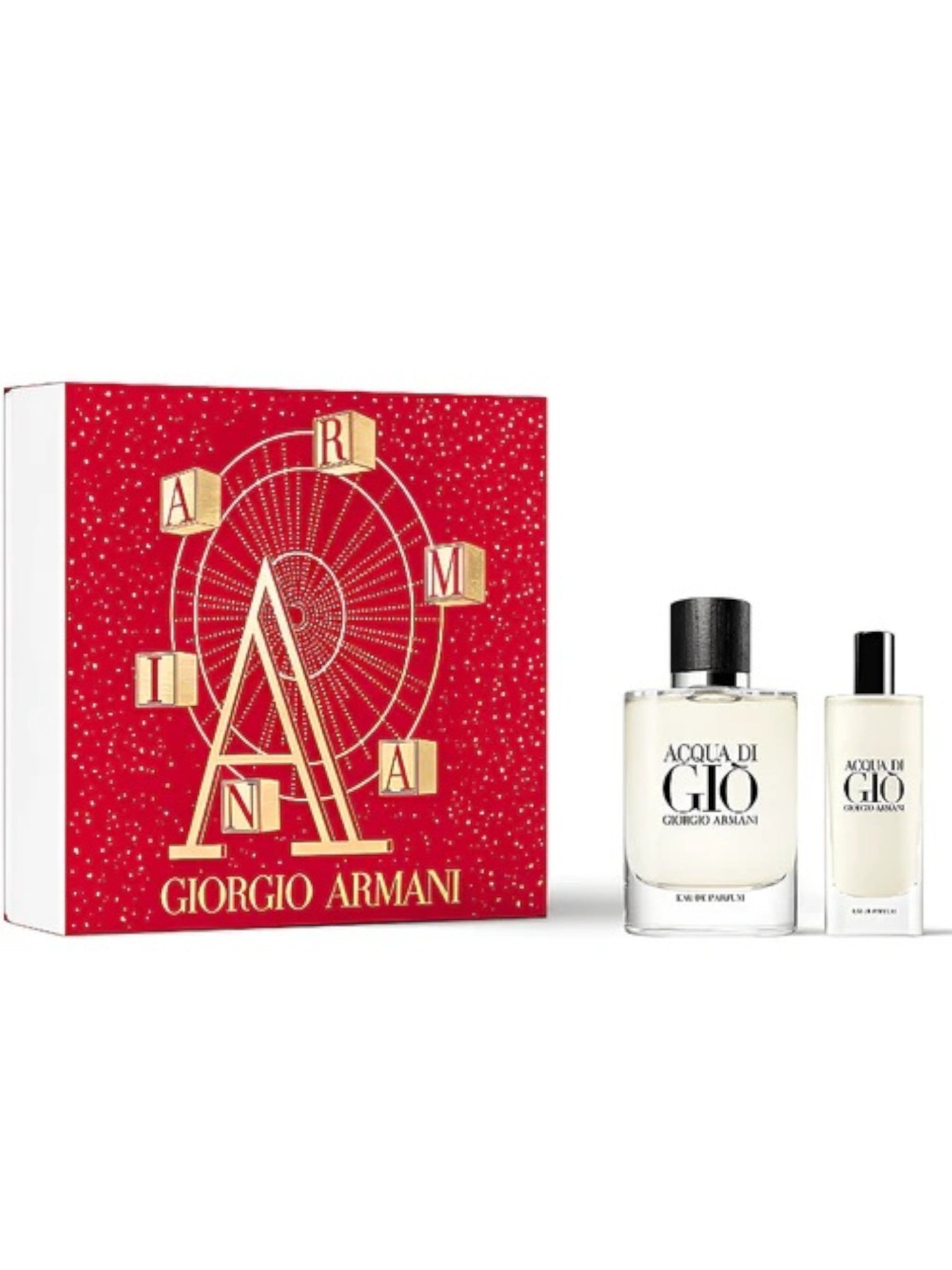 Giorgio Armani perfume set with red packaging featuring a Ferris wheel design. Giorgio Armani, Monza Outlet, Monza Fashion, Shein Outlet