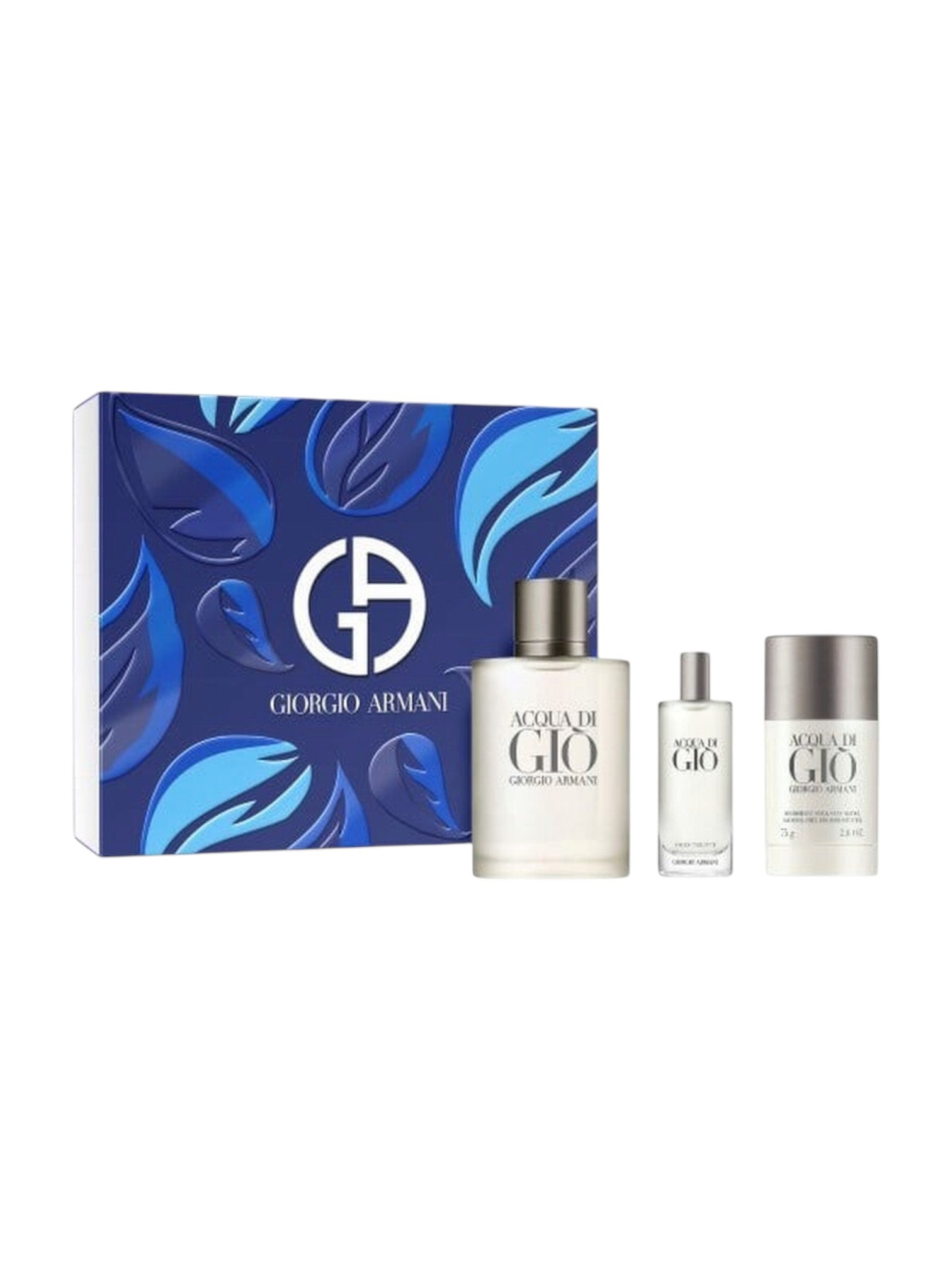 Giorgio Armani perfume set with three bottles and a decorative box on a white background. Giorgio Armani, Monza Outlet, Monza Fashion, Shein Outlet