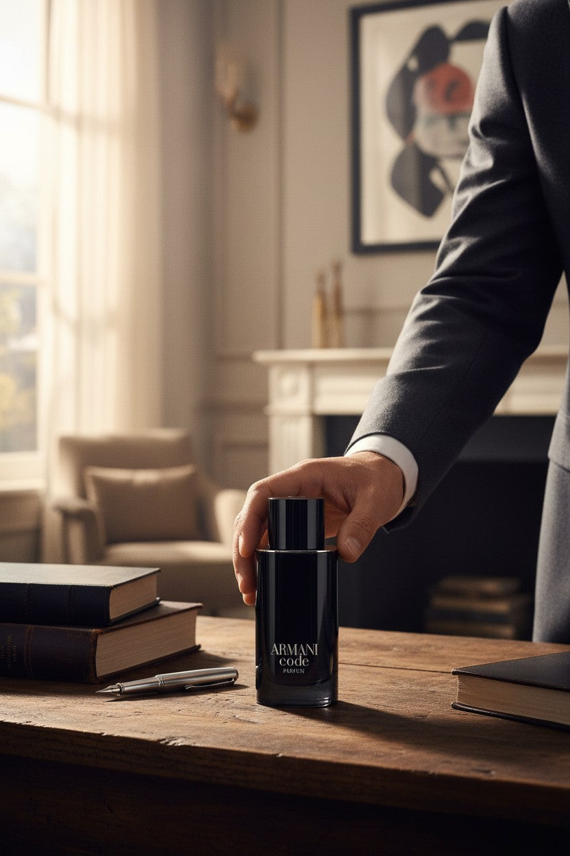 A man in a dark suit reaches toward a black Armani Code Cologne perfume bottle on a wooden table in a warm, elegant room. Emporio Armani, Monza Outlet, Monza Fashion, Shein Outlet