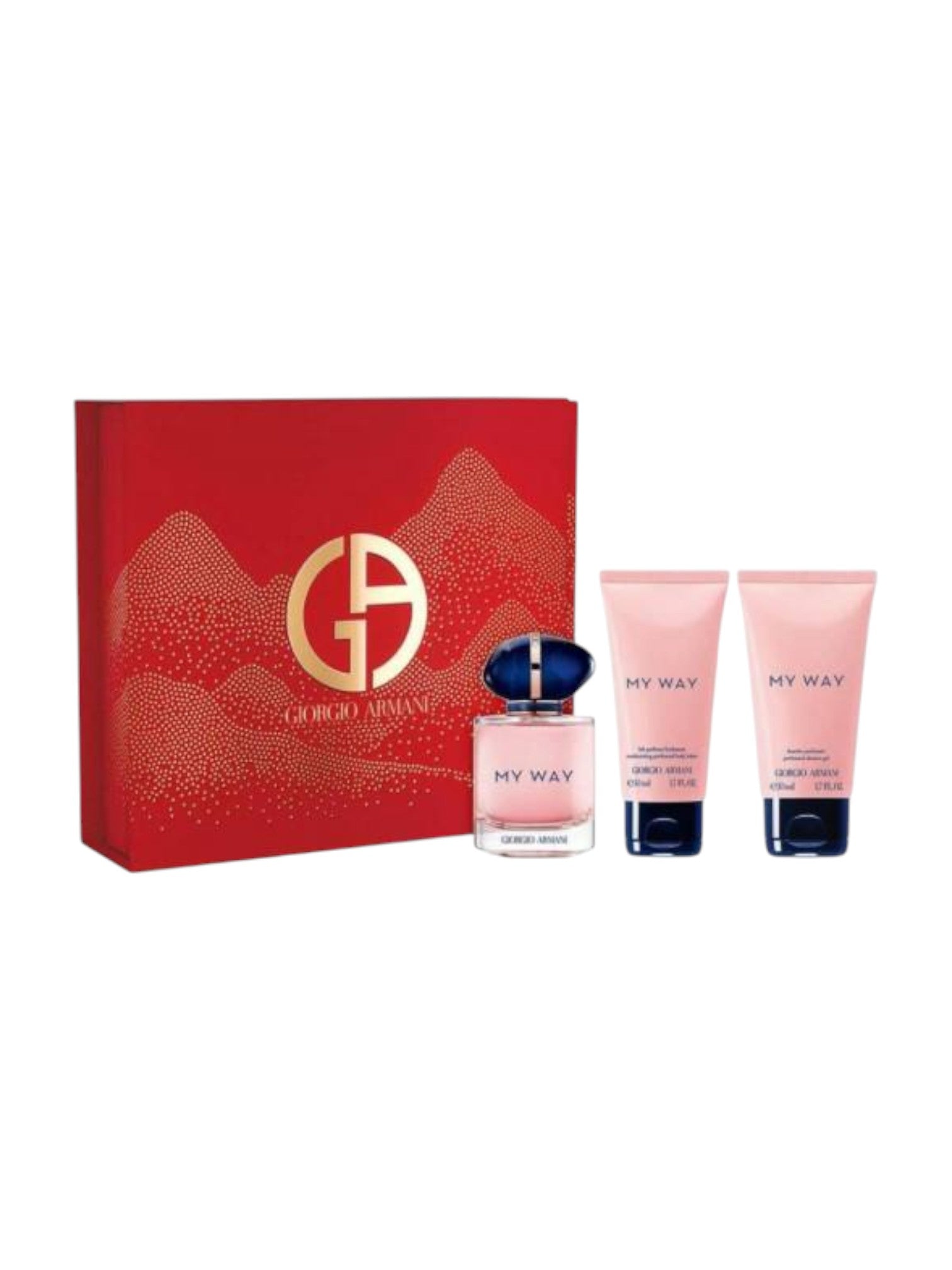 Gucci perfume set with red box, white bottle, and pink tubes on a white background monza outlet, Shein outlet, monza fashion
