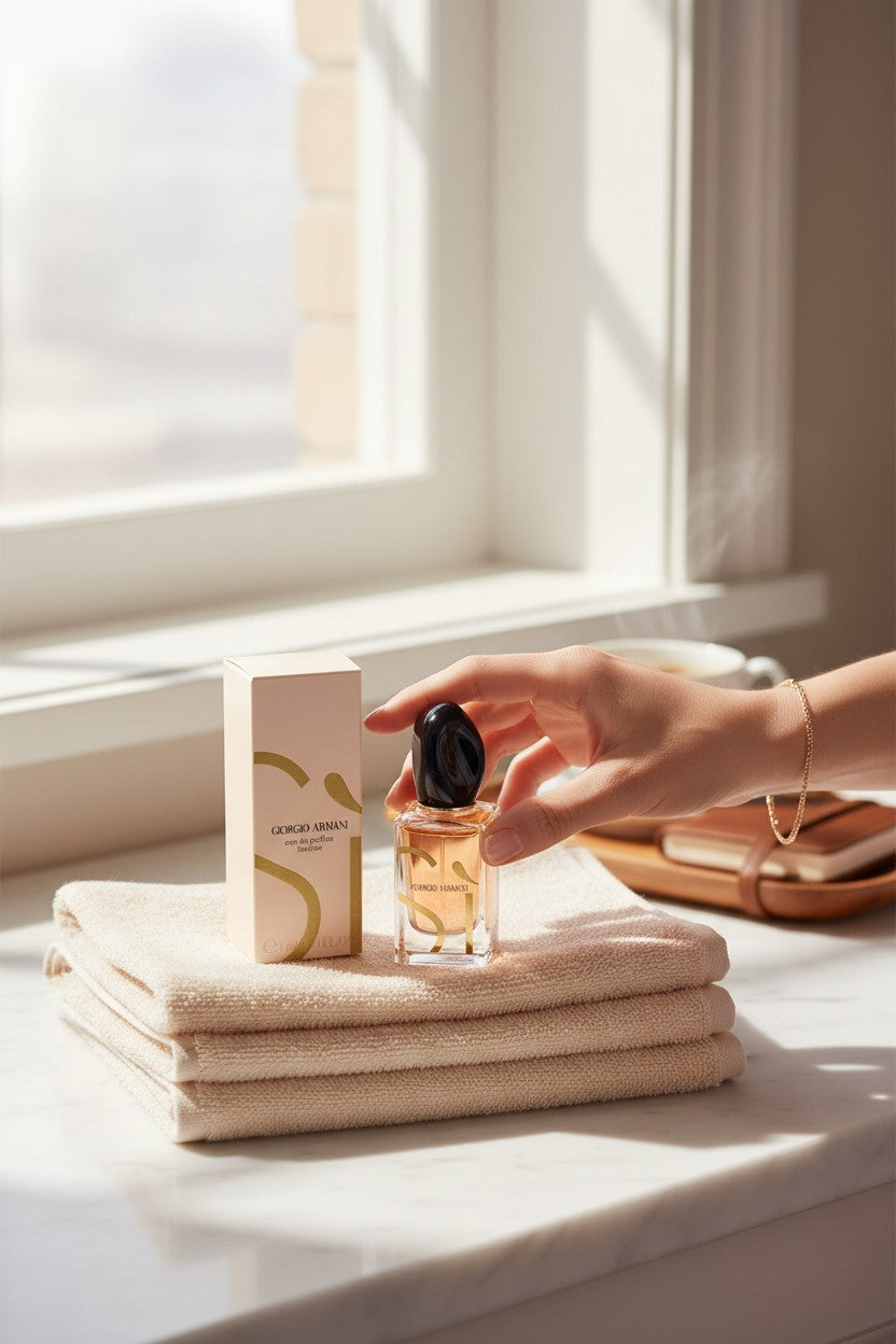 Hand holding a perfume bottle next to its packaging on a marble surface with a window in the background. Giorgio Armani, Monza Outlet, Monza Fashion, Shein Outlet