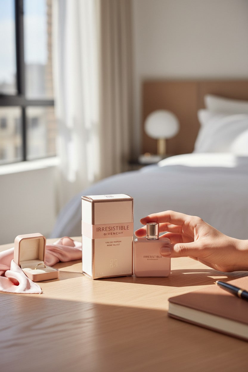 Hand holding a perfume bottle on a table with a bed and window in the background. Givenchy, Monza Outlet, Monza Fashion, Shein Outlet