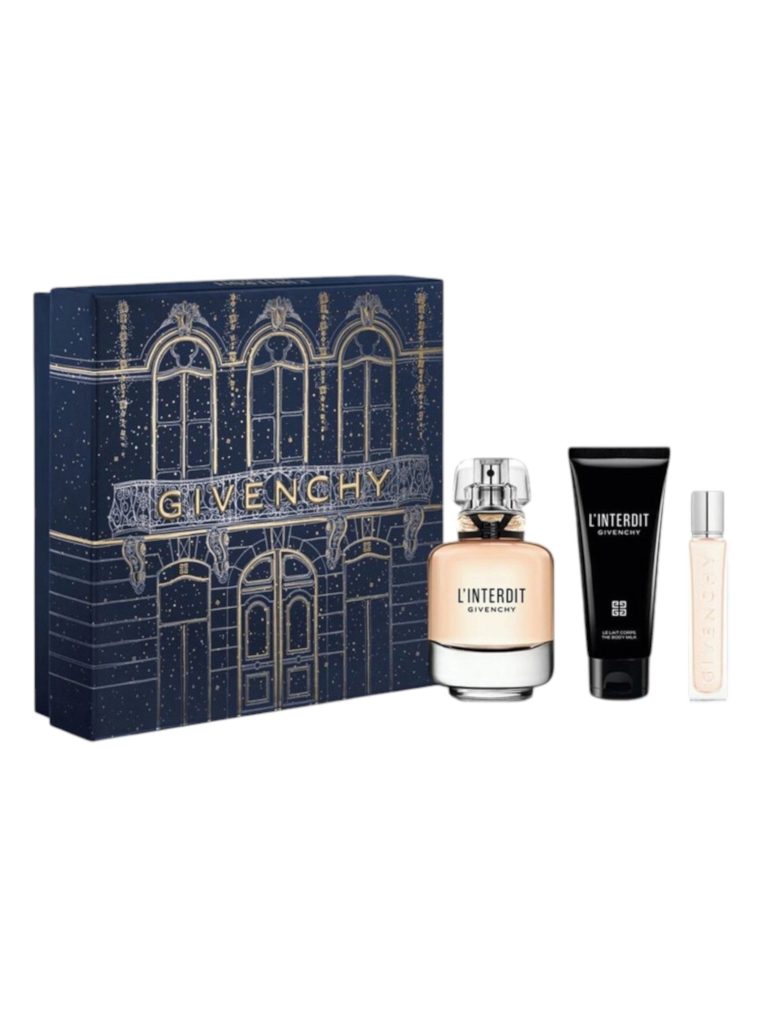 Givenchy perfume set with a large box, bottle, and smaller items on a white background. Givenchy, Monza Outlet, Monza Fashion, Shein Outlet