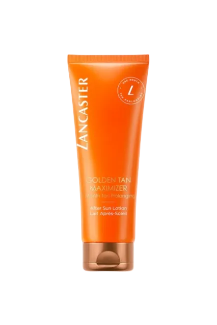 Lancaster Golden Tan Maximizer after sun lotion tube on a white background. Lancaster, Monza Outlet, Monza Fashion, Shein Outlet