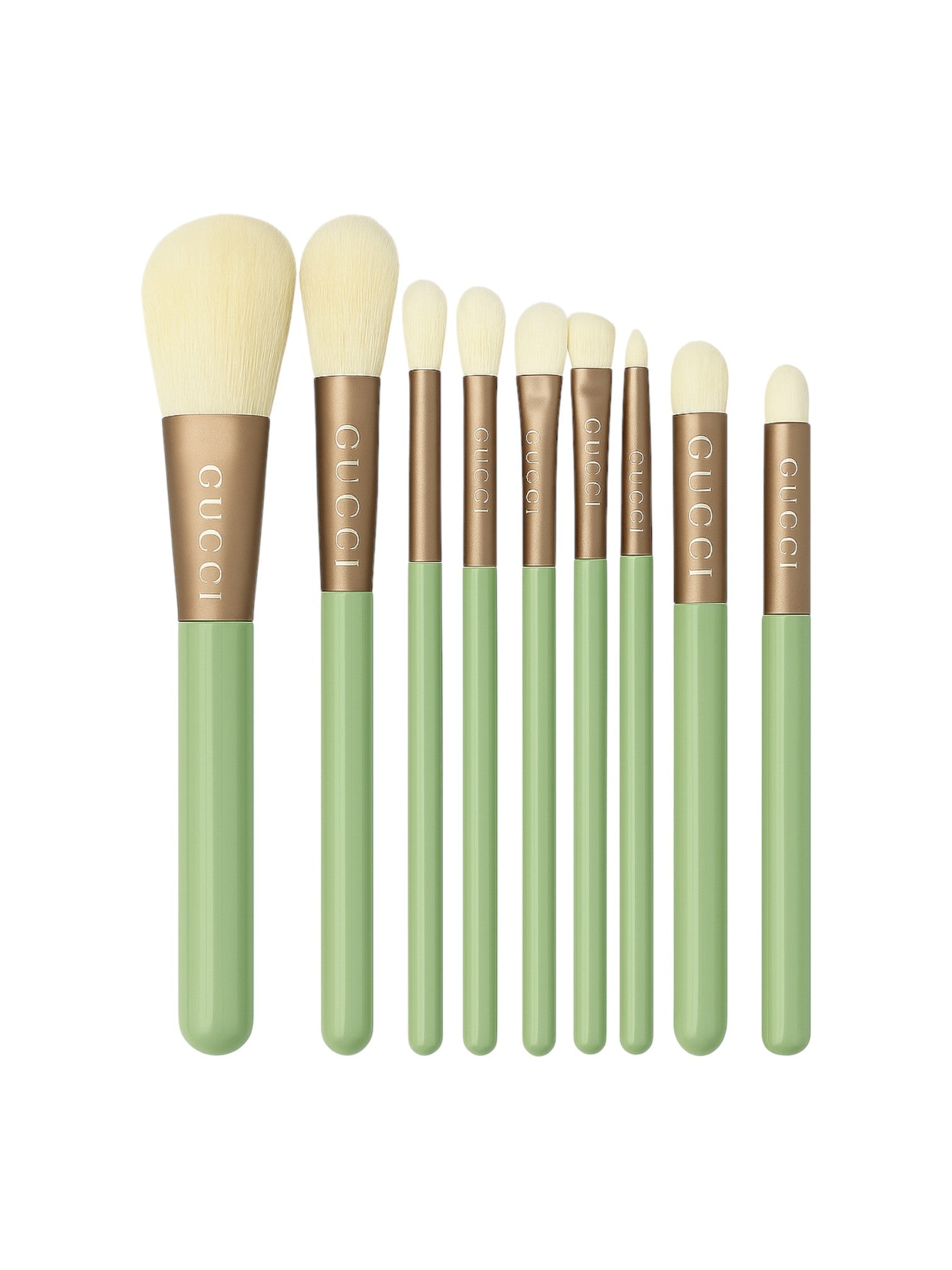 Set of Gucci makeup brushes with green handles and gold accents on a white background, Gucci, Monza Outlet, Monza Fashion, Shein Outlet