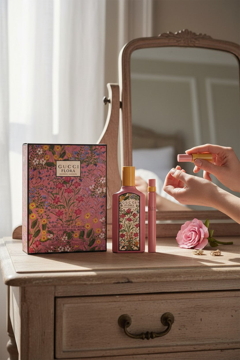 Gucci Flora perfume set on a wooden dresser with a mirror and rose. Gucci, Monza Outlet, Monza Fashion, Shein Outlet