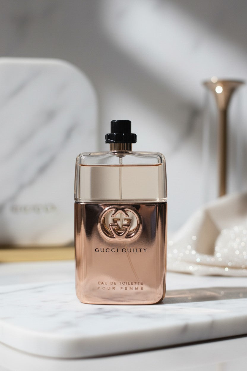 Gucci Guilty perfume bottle on a marble surface with a blurred background. Gucci, Monza Outlet, Monza Fashion, Shein Outlet