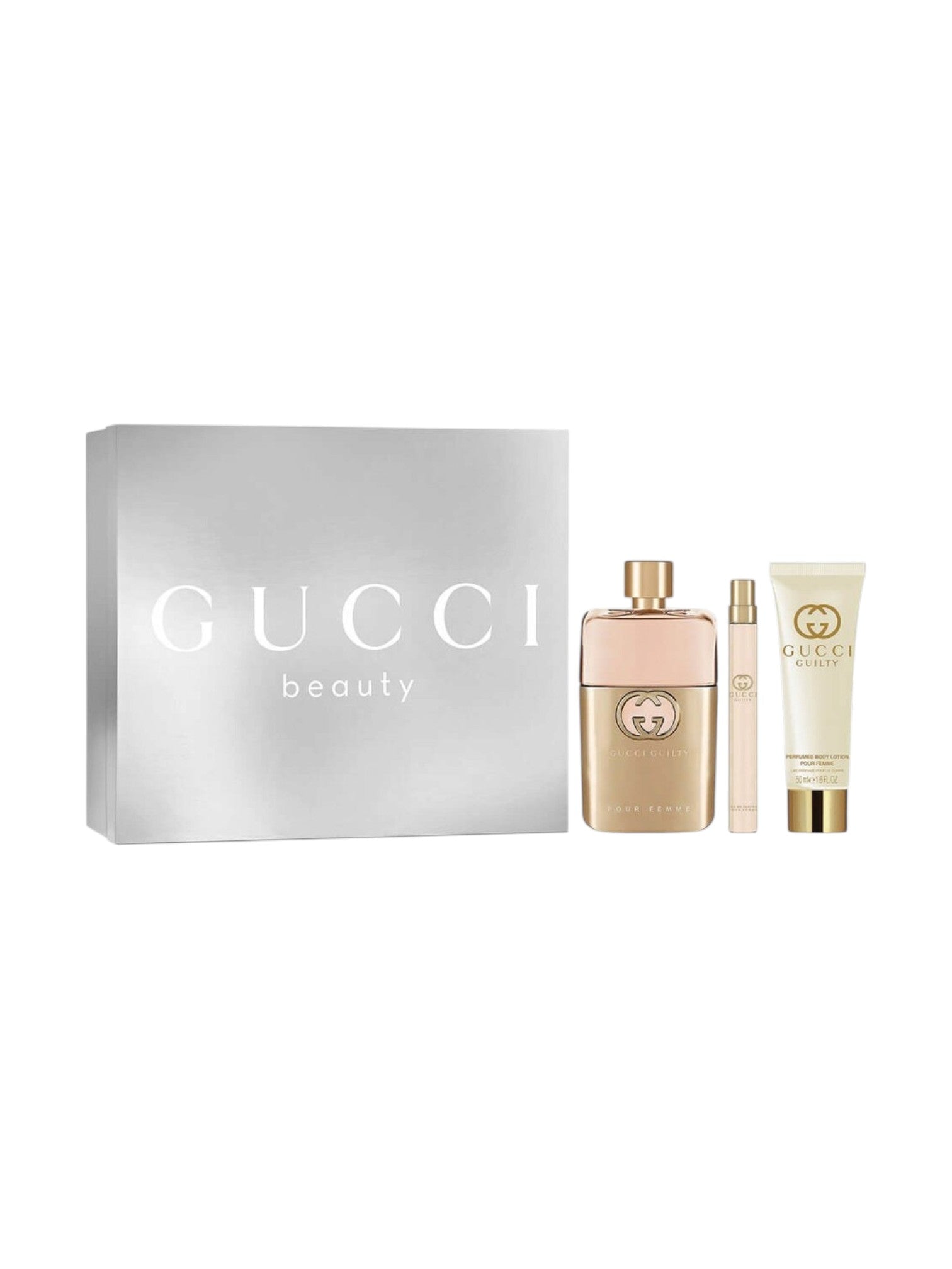 Gucci beauty set with a silver box, perfume bottle, and skincare product on a white background. Gucci, Monza Outlet, Monza Fashion, Shein Outlet