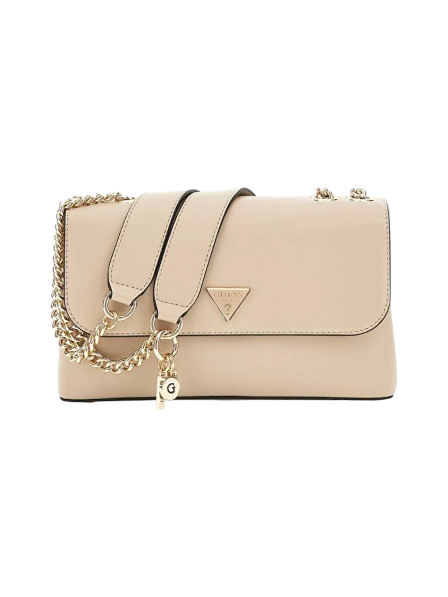 Beige handbag with gold chain and charms on a white background. Guess, Monza Outlet, Monza Fashion, Shein Outlet