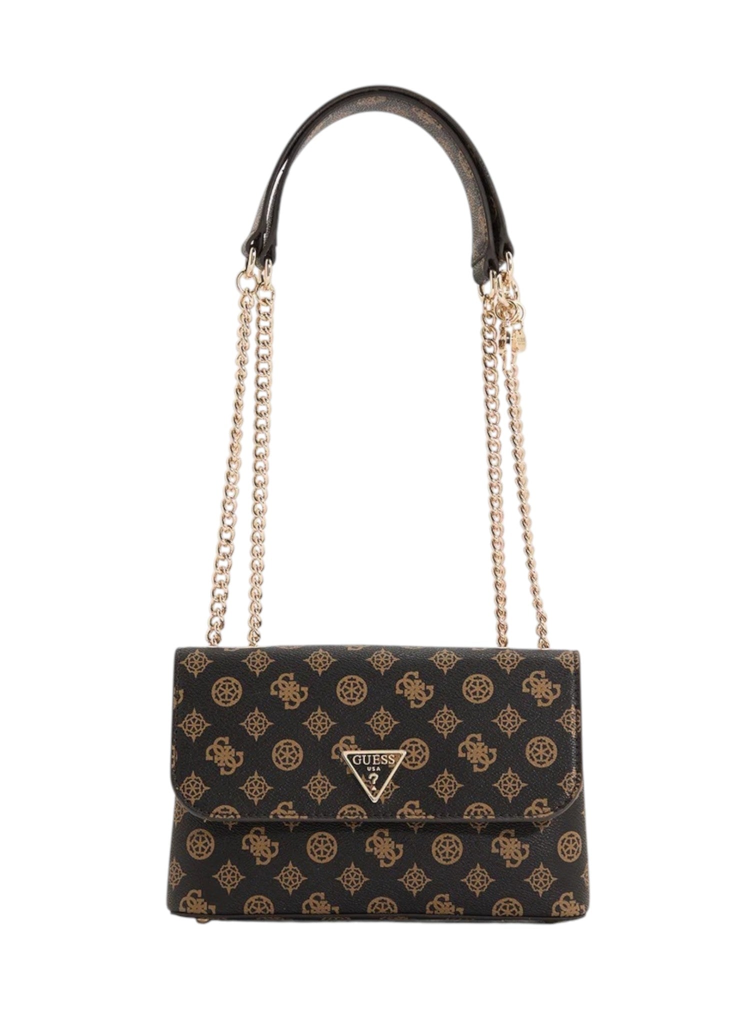 Black handbag with gold pattern and chain strap on a white background. Guess, Monza Outlet, Monza Fashion, Shein Outlet