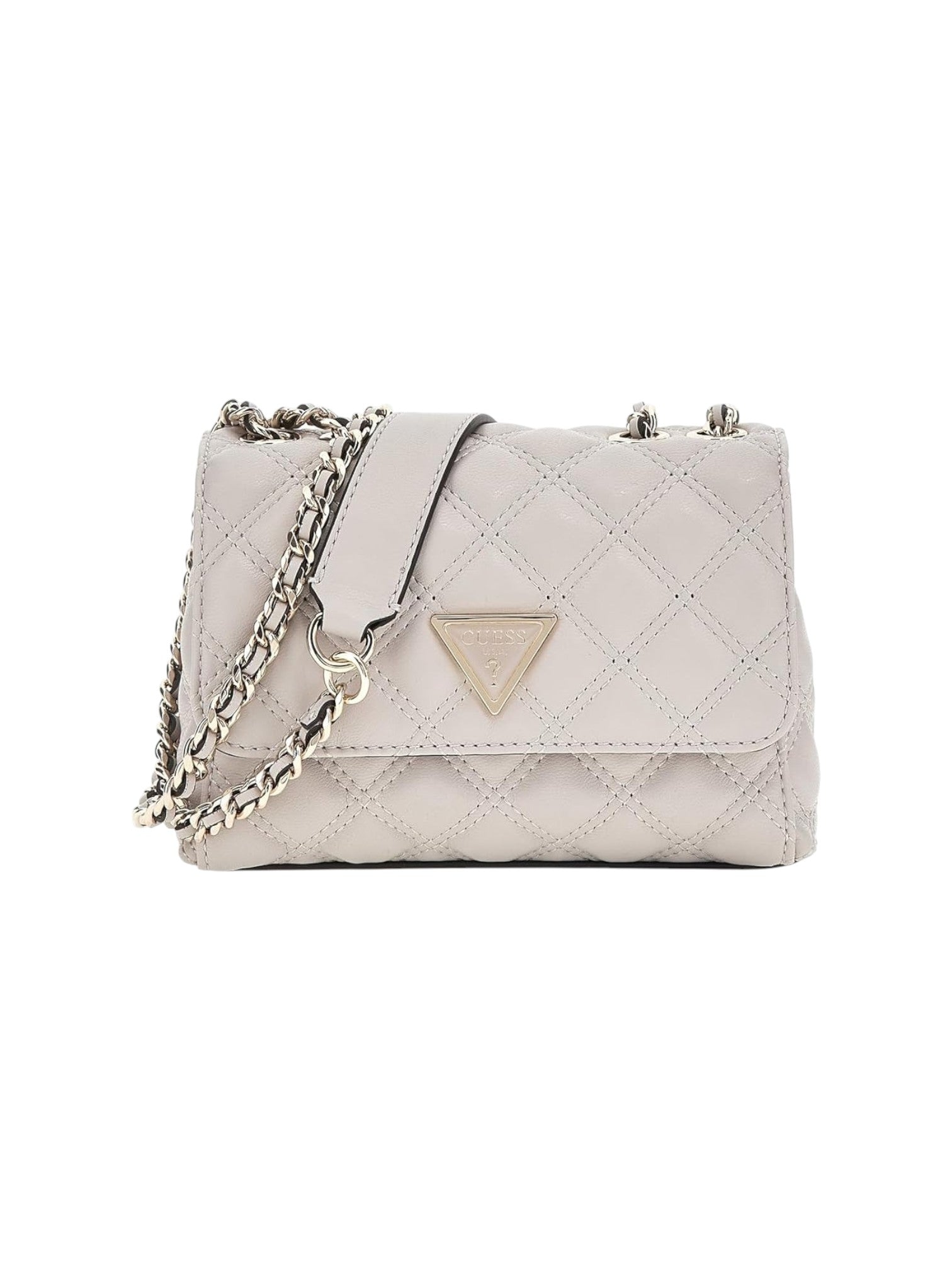 Light gray quilted handbag with a chain detail on a white background. Guess, Monza Outlet, Monza Fashion, Shein Outlet