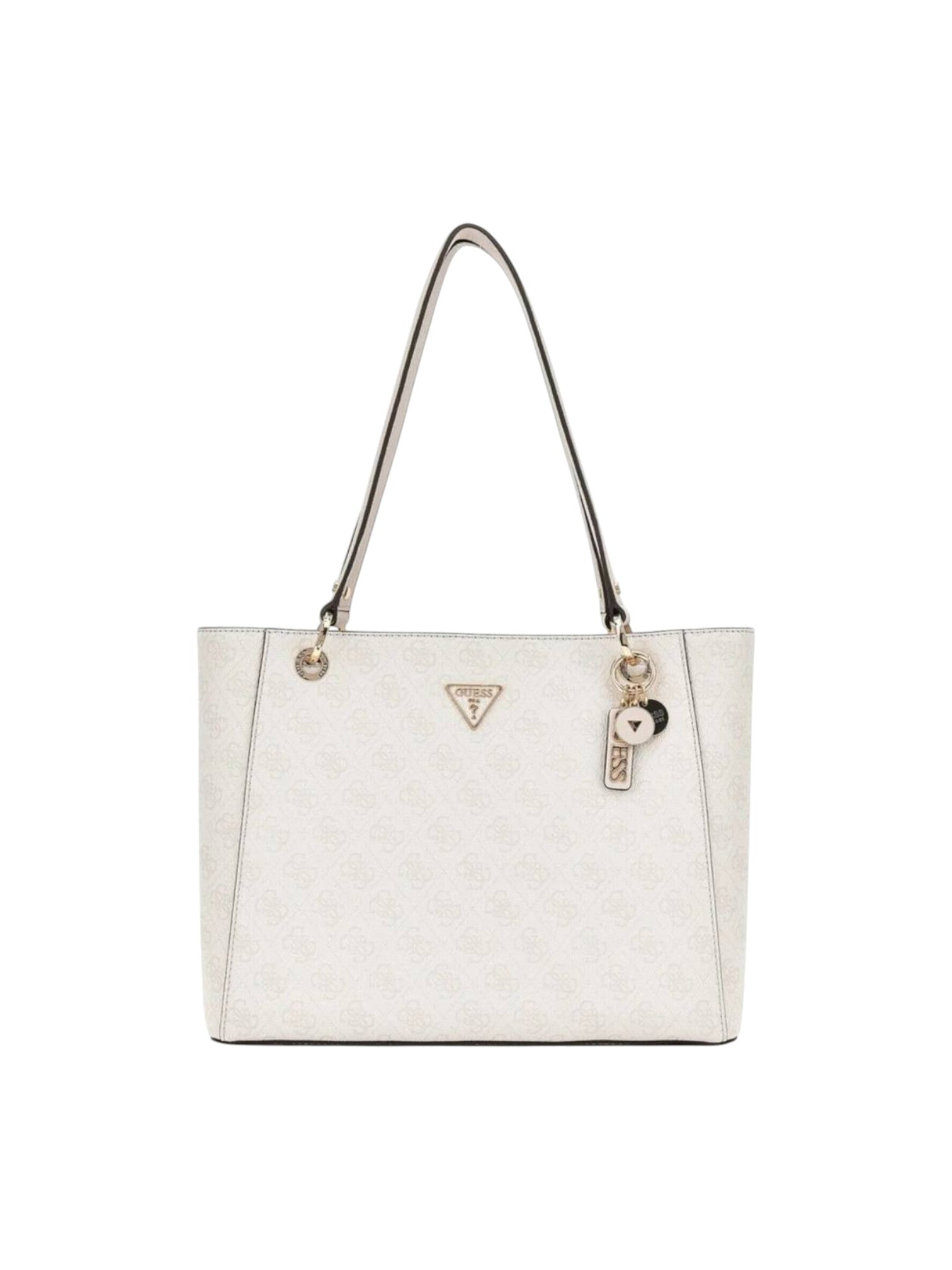 White handbag with a brand logo on a white background. Guess, Monza Outlet, Monza Fashion, Shein Outlet