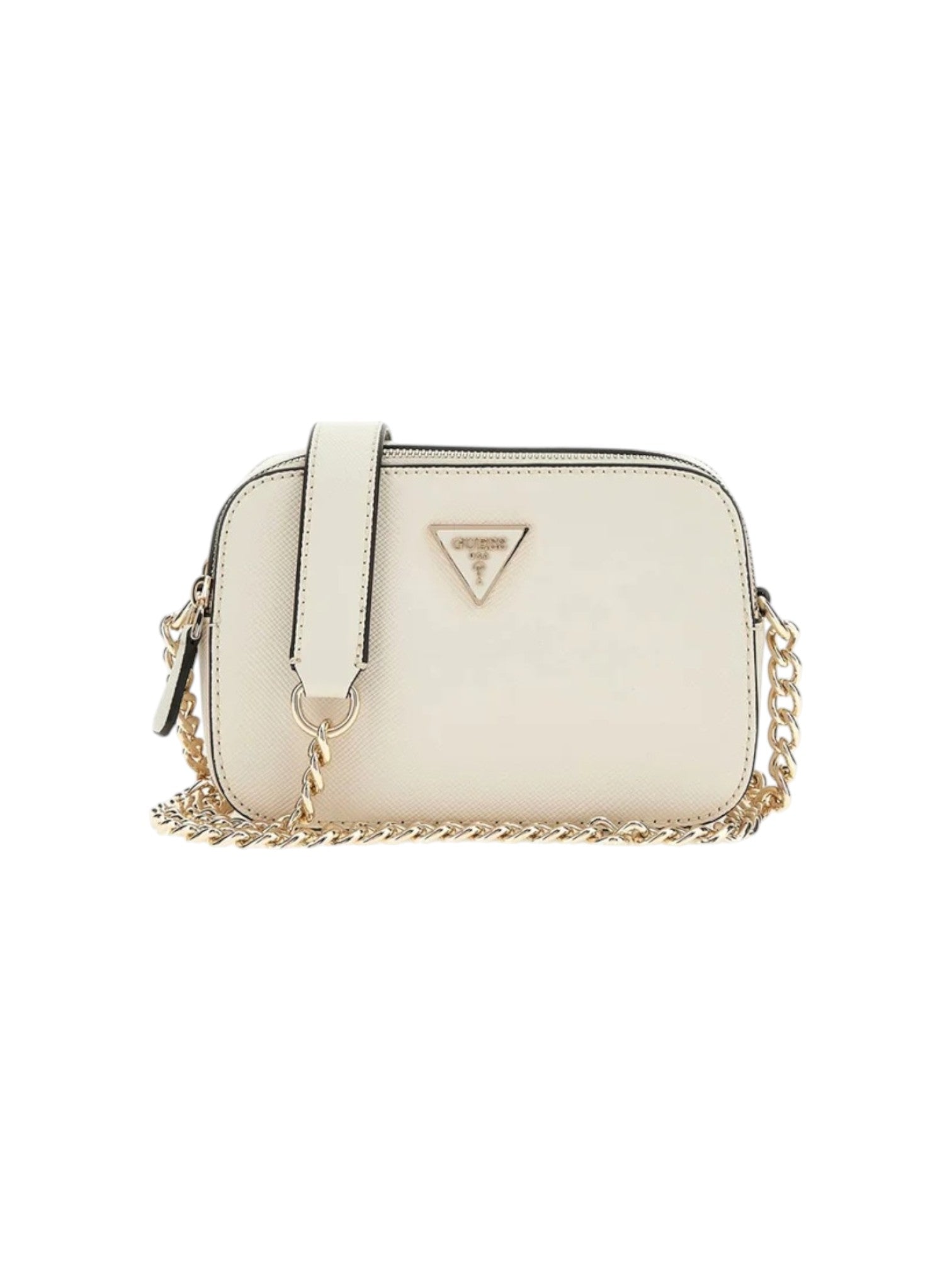 White handbag with a gold chain on a white background. Guess, Monza Outlet, Monza Fashion, Shein Outlet