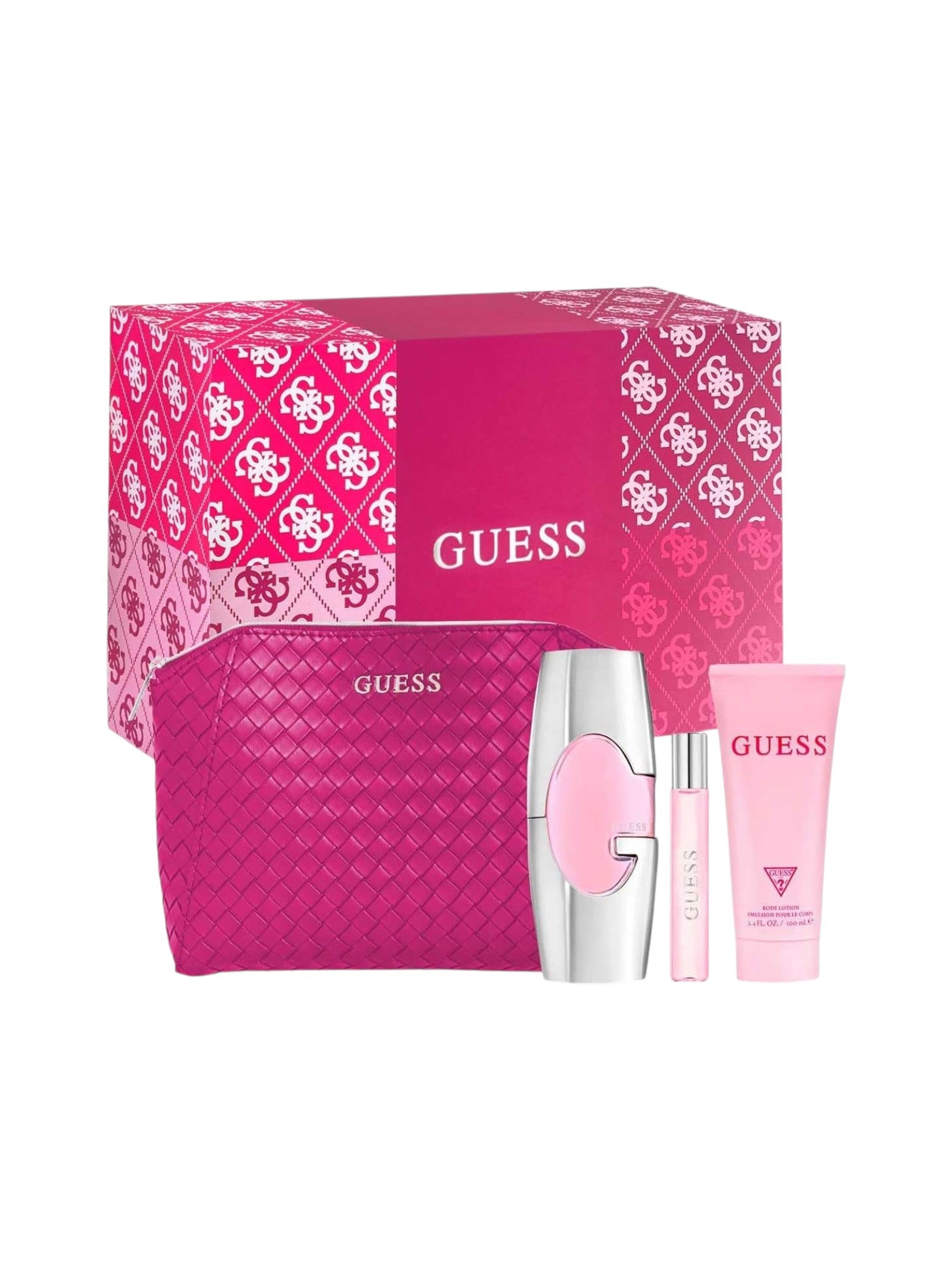 Guess beauty product set with pink and silver items on a white background. Guess, Monza Outlet, Monza Fashion, Shein Outlet