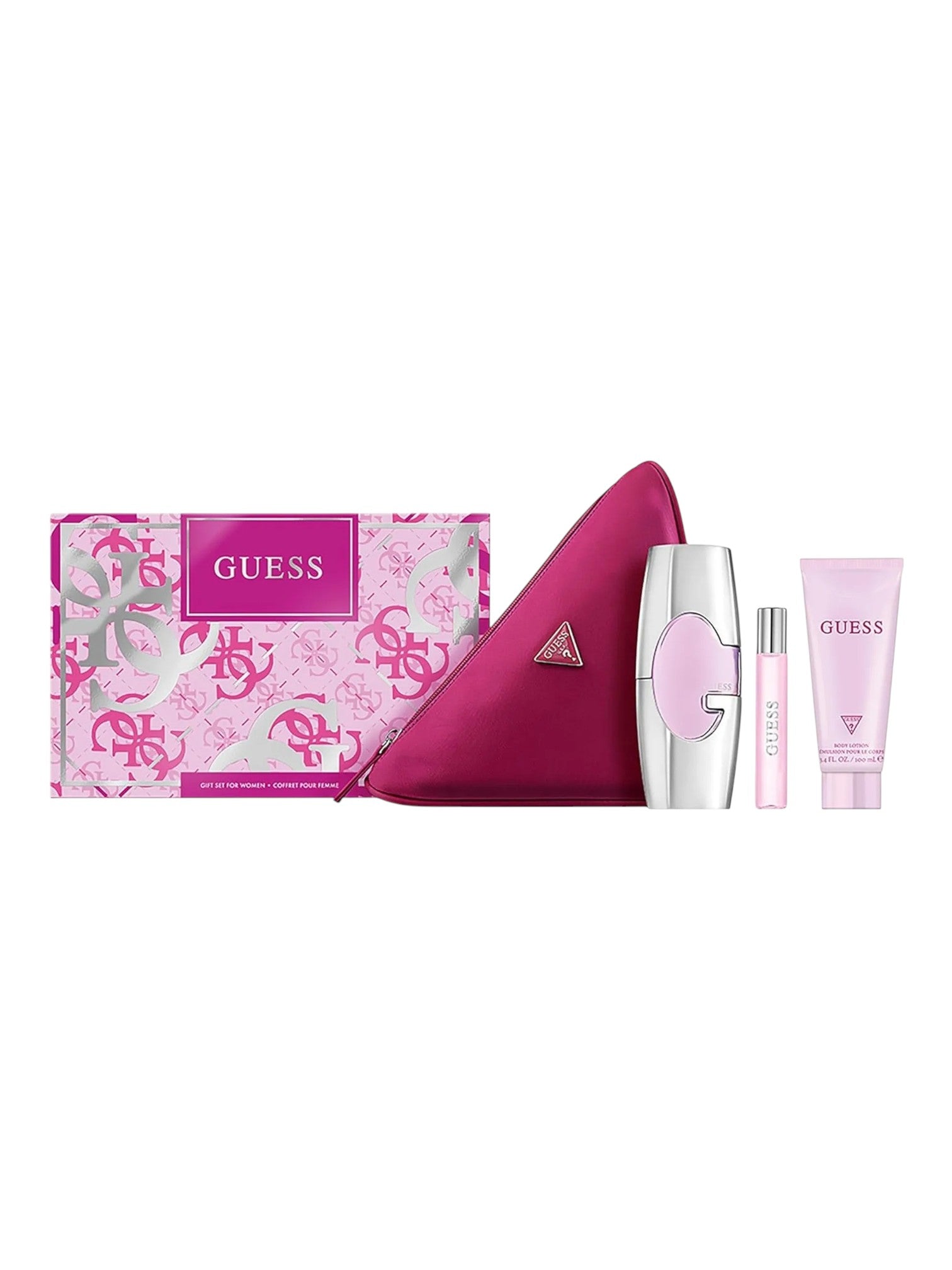 Guess perfume set with pink and white packaging on a white background. Guess, Monza Outlet, Monza Fashion, Shein Outlet