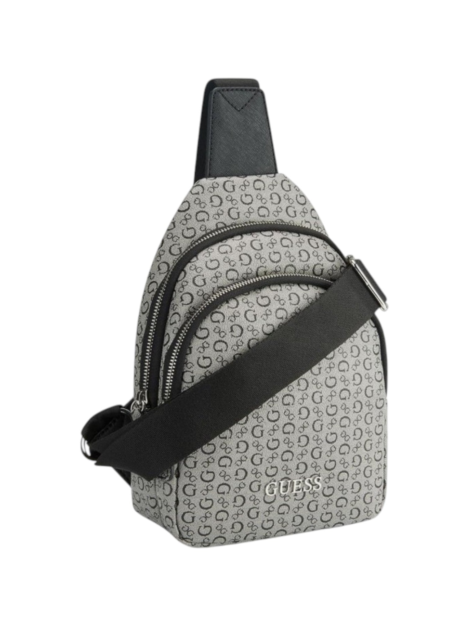 Gray sling bag with black strap on a white background. Guess, Monza Outlet, Monza Fashion, Shein Outlet