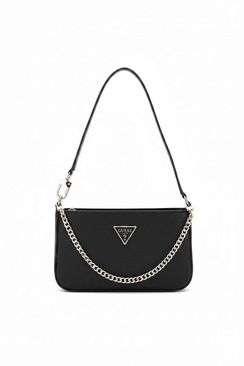 Black handbag with gold chain detail and visible brand logo on a white background. Guess, Monza Outlet, Monza Fashion, Shein Outlet