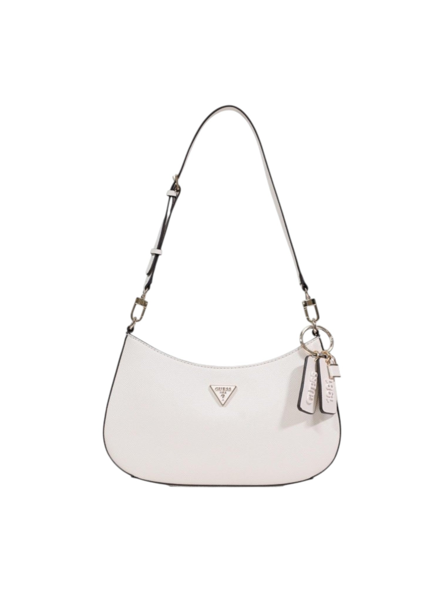 White handbag with a brand logo on a white background. Guess, Monza Outlet, Monza Fashion, Shein Outlet