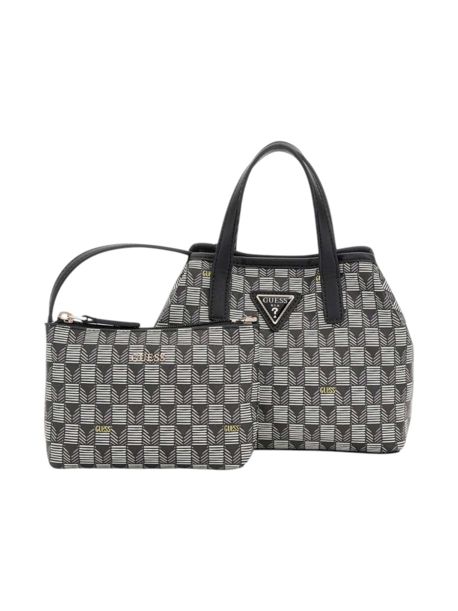 Black and gray patterned handbag with a matching pouch on a white background. Guess, Monza Outlet, Monza Fashion, Shein Outlet