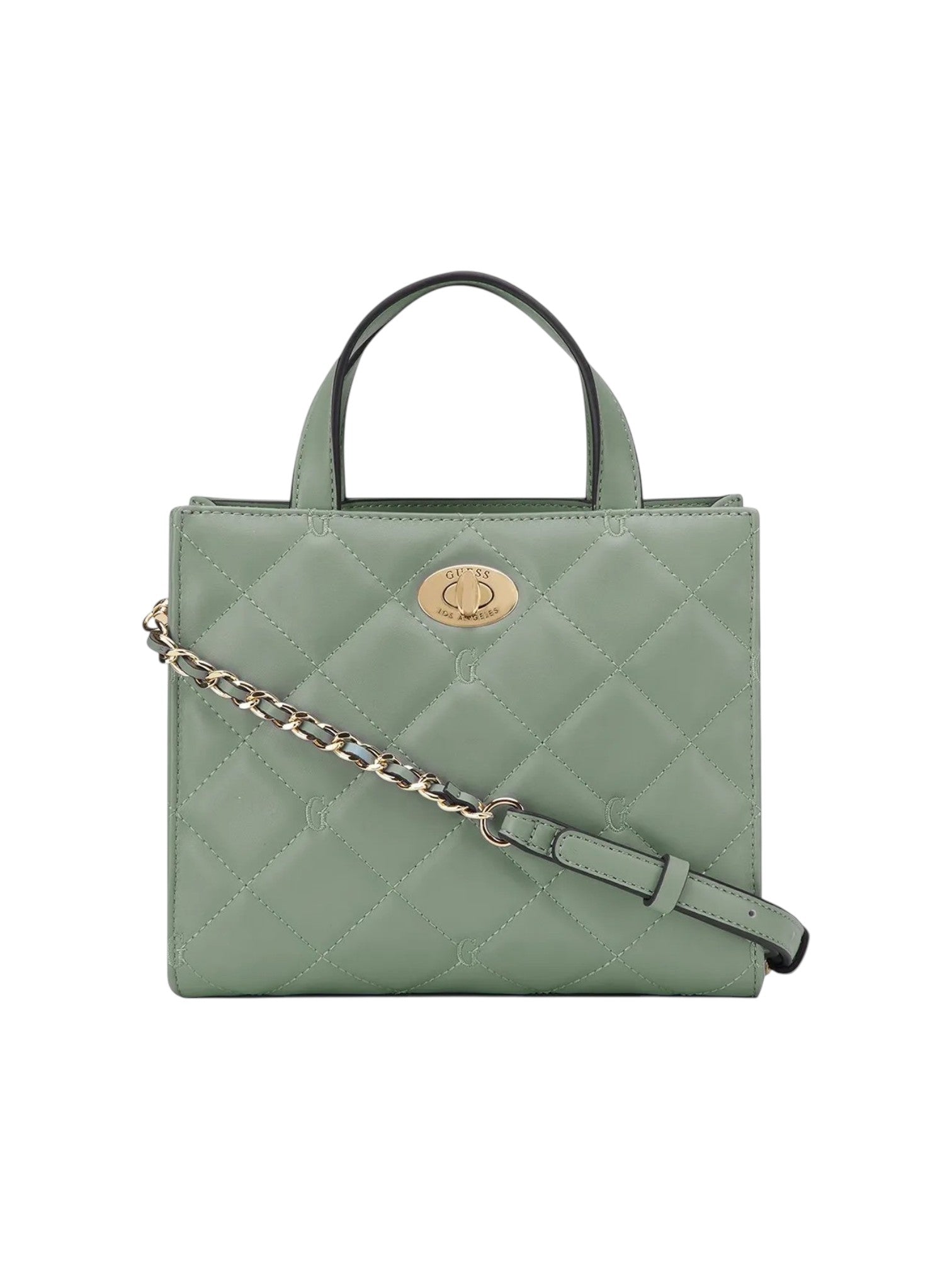 Green quilted handbag with a chain detail on a white background. Guess, Monza Outlet, Monza Fashion, Shein Outlet