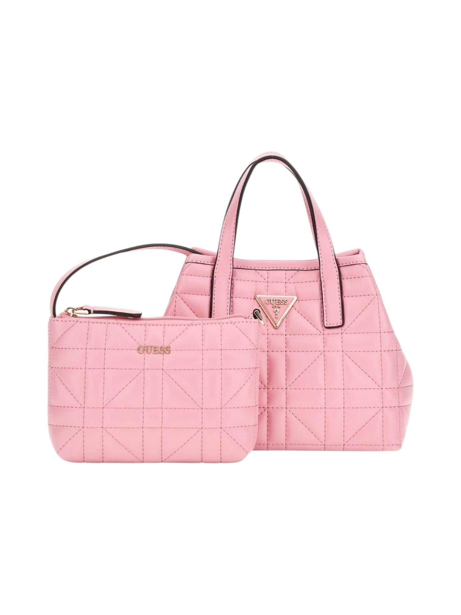 Pink quilted handbag with a visible brand logo on a white background. Guess, Monza Outlet, Monza Fashion, Shein Outlet