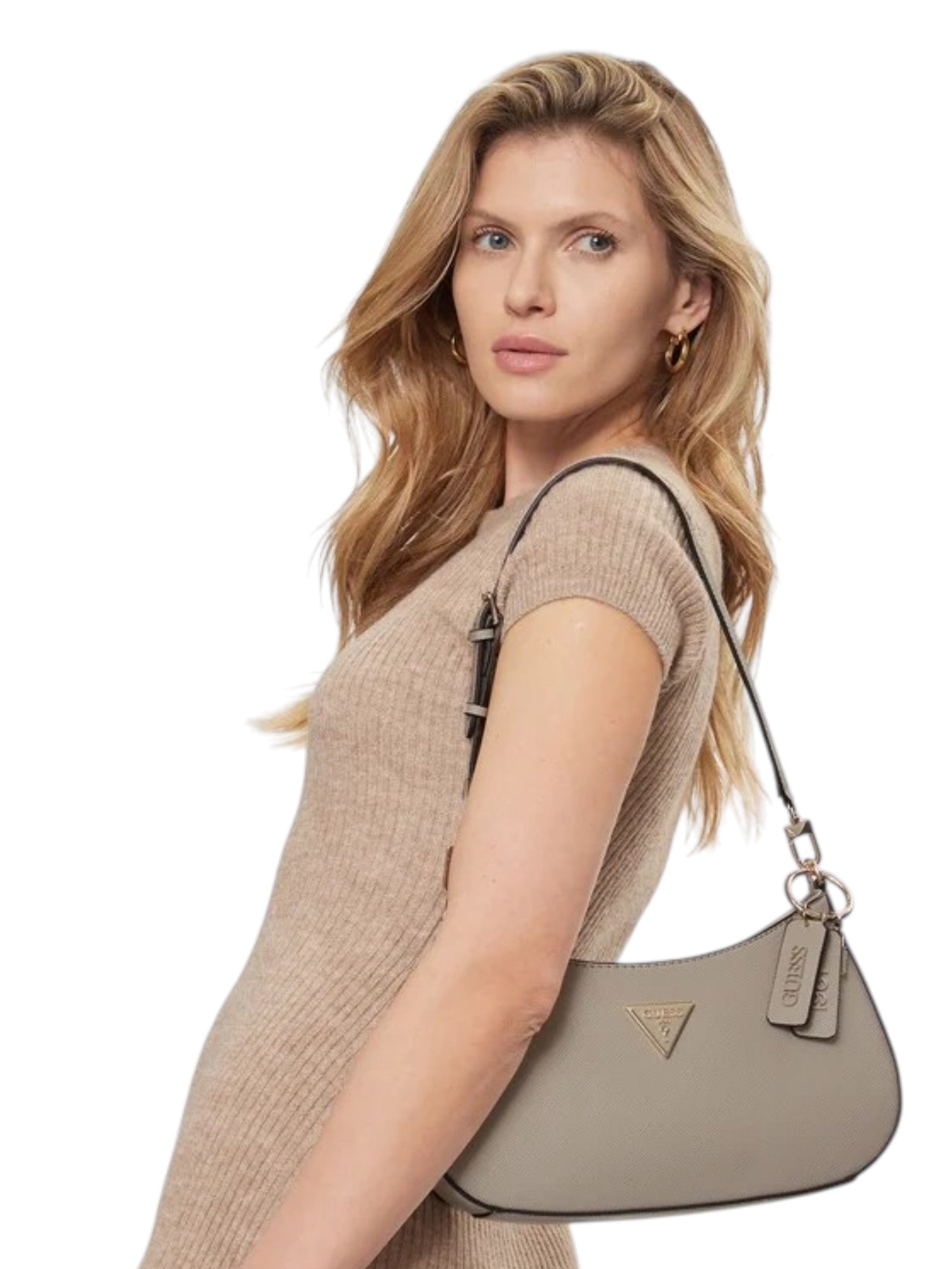 Woman carrying a Prada handbag on a white background. Guess, Monza Outlet, Monza Fashion, Shein Outlet
