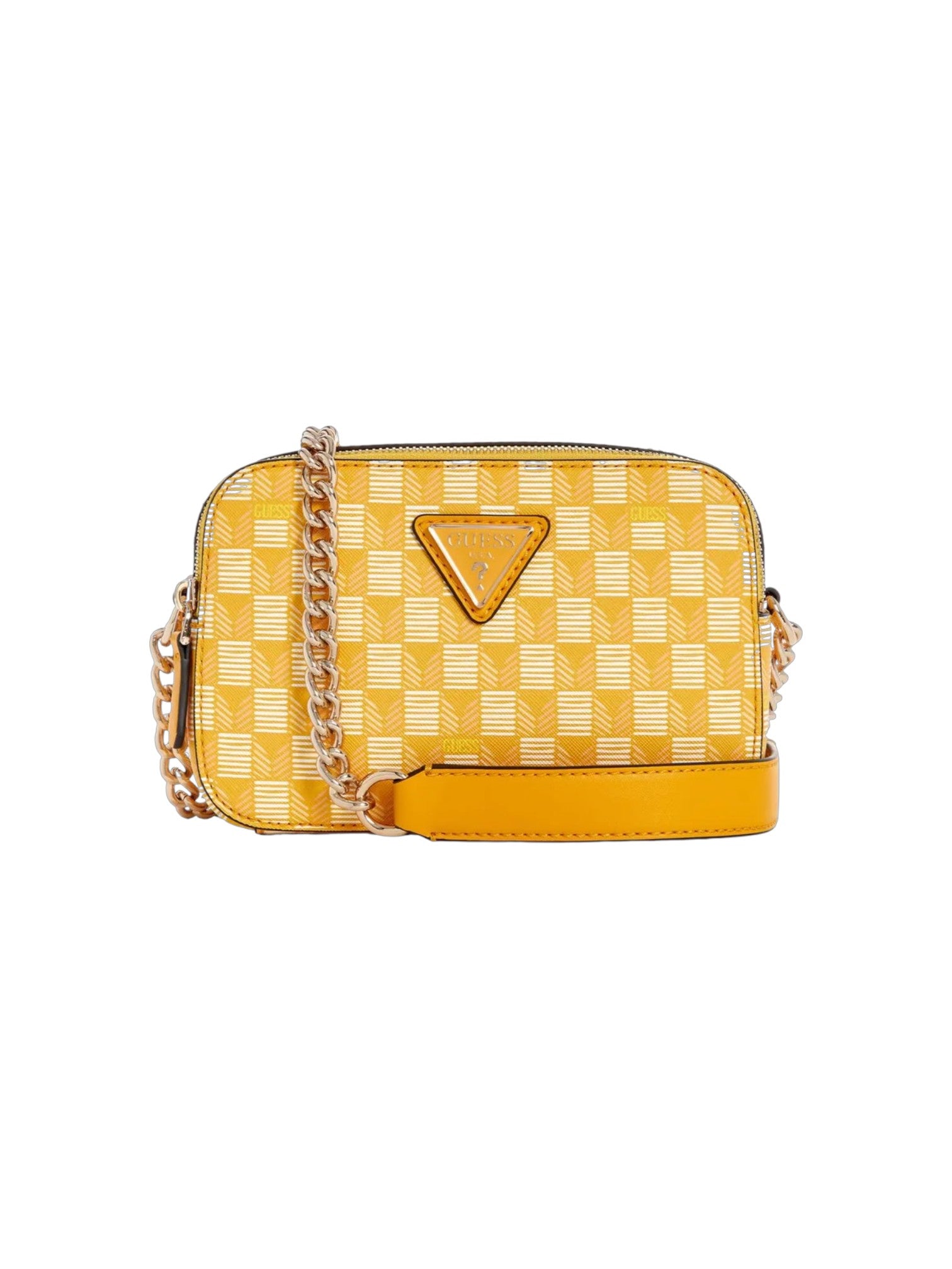 Yellow checkered handbag with a chain strap on a white background. Guess, Monza Outlet, Monza Fashion, Shein Outlet