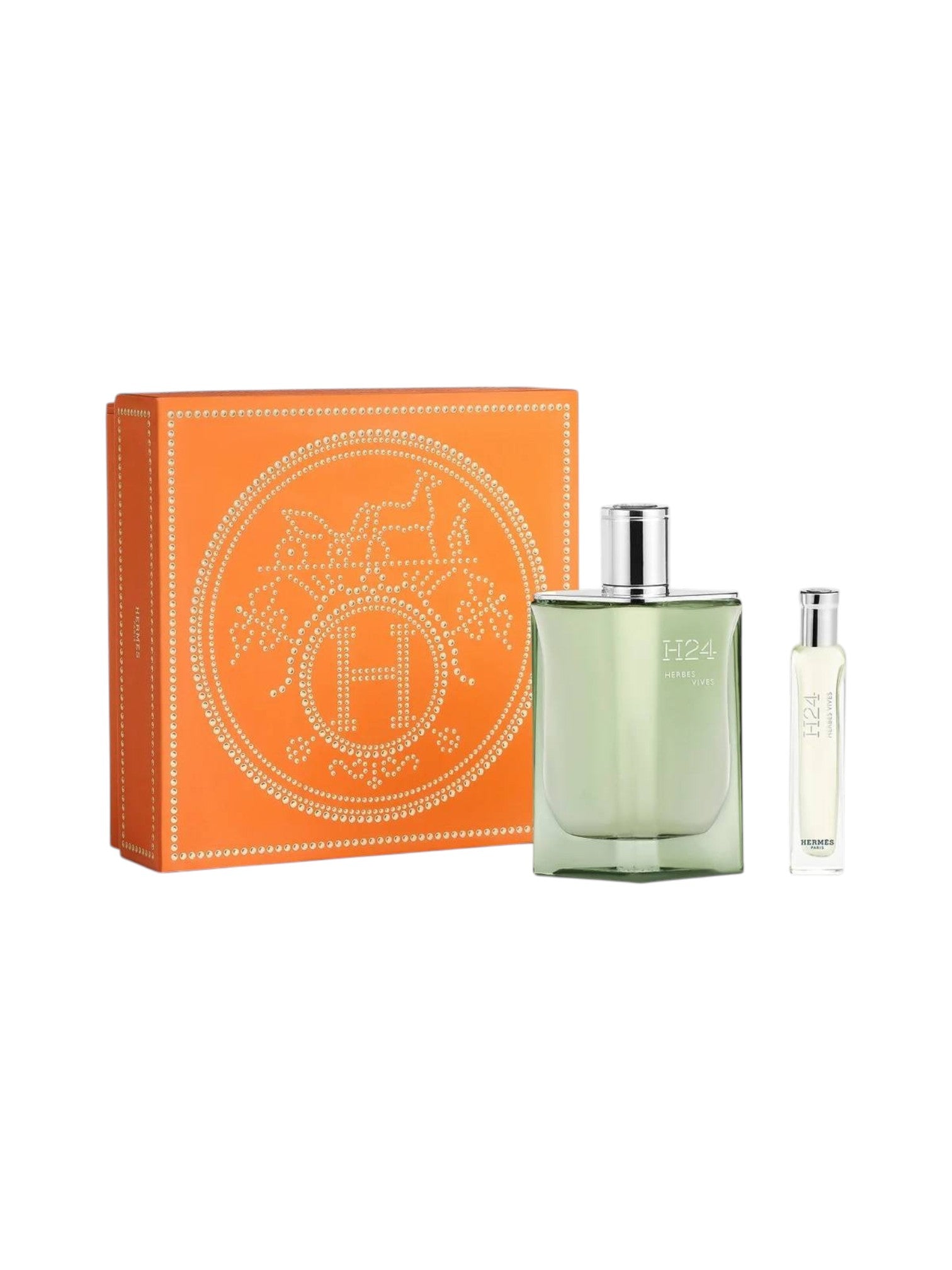 Perfume set with two bottles and an orange box featuring a logo on a white background. Hermès, Monza Outlet, Monza Fashion, Shein Outlet