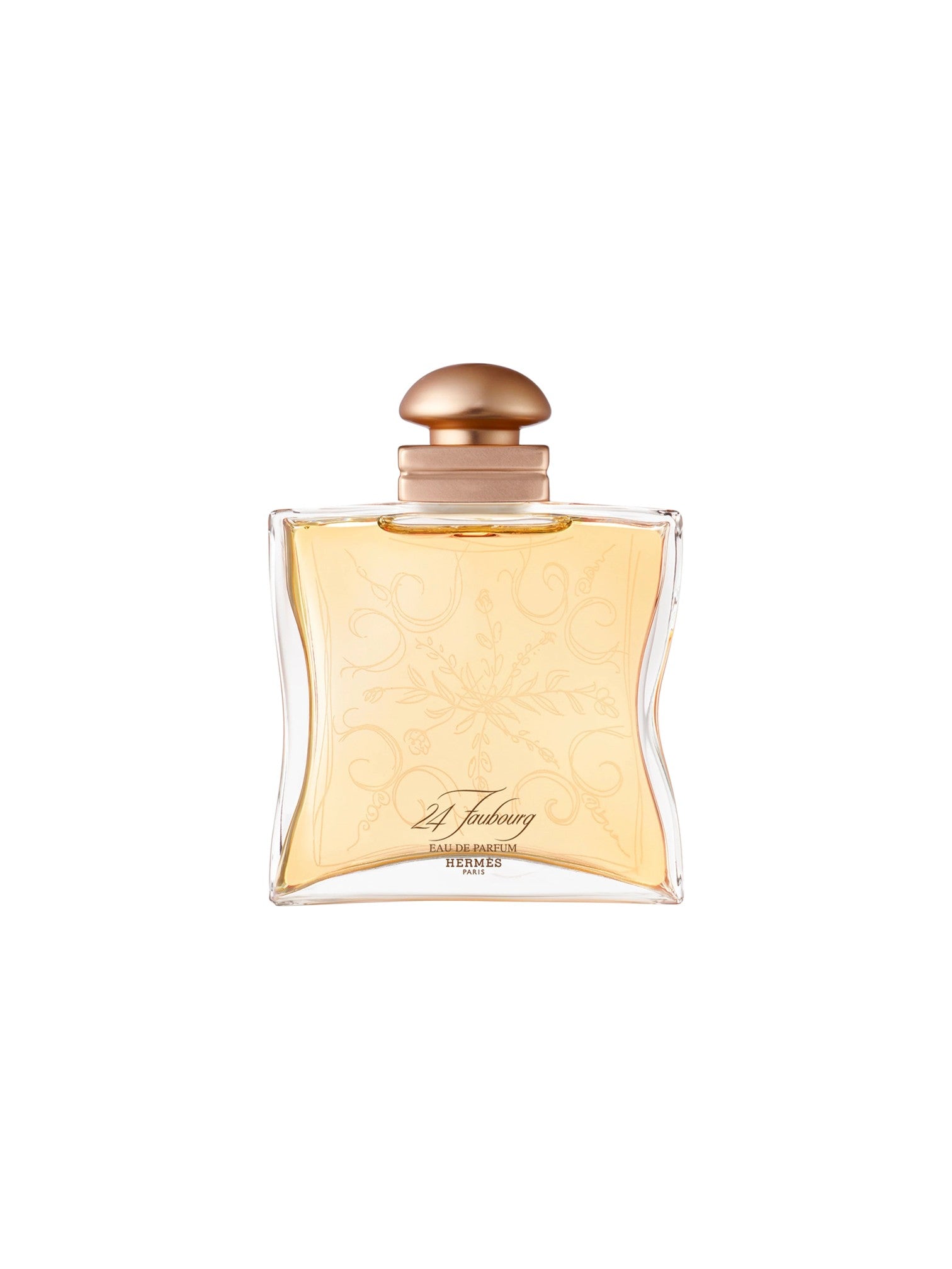 Perfume bottle with gold cap on a white background. Hermes, Monza Outlet, Monza Fashion, Shein Outlet