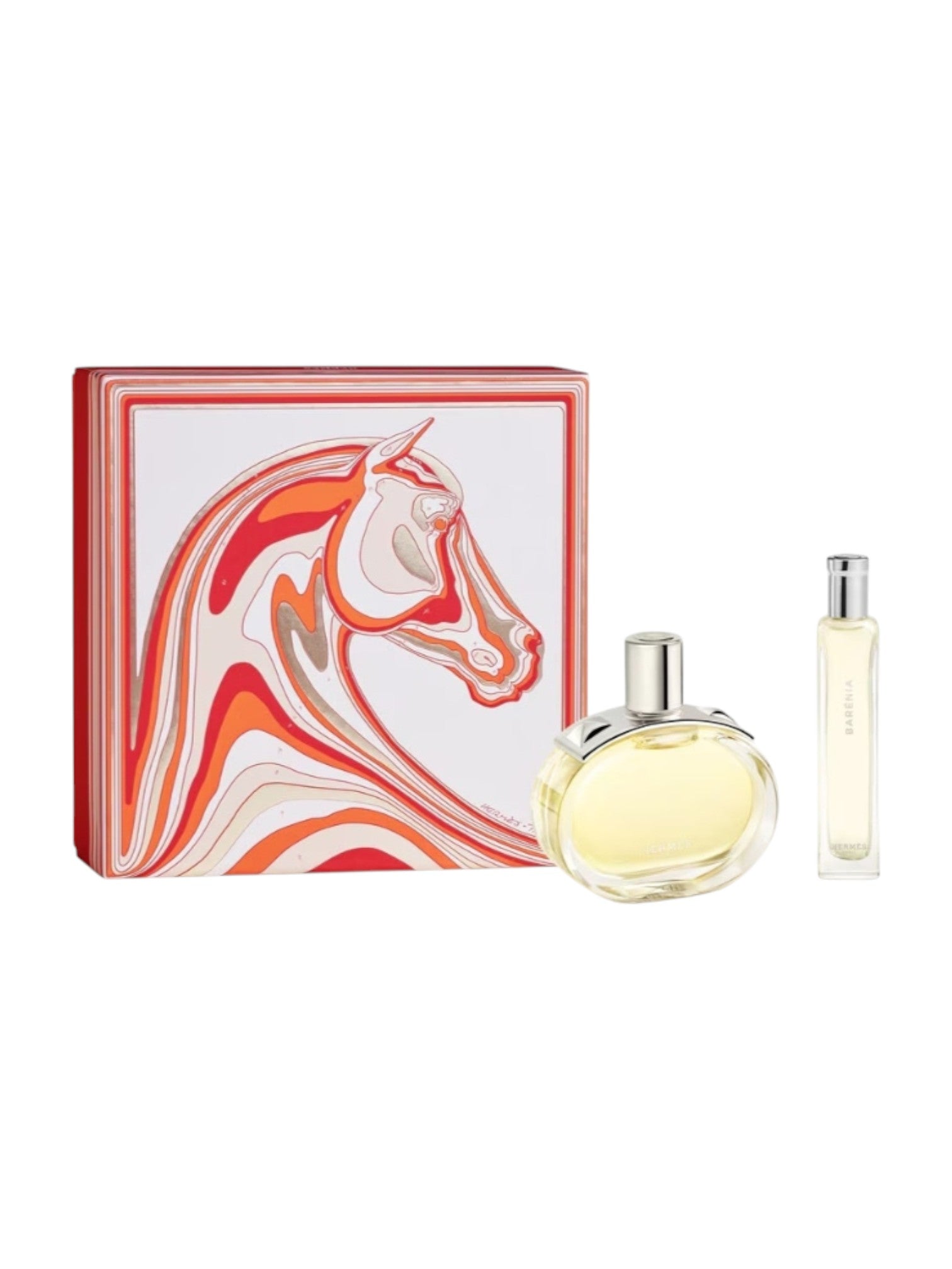 Perfume bottle and packaging with a horse design on a white background. Hermes, Monza Outlet, Monza Fashion, Shein Outlet