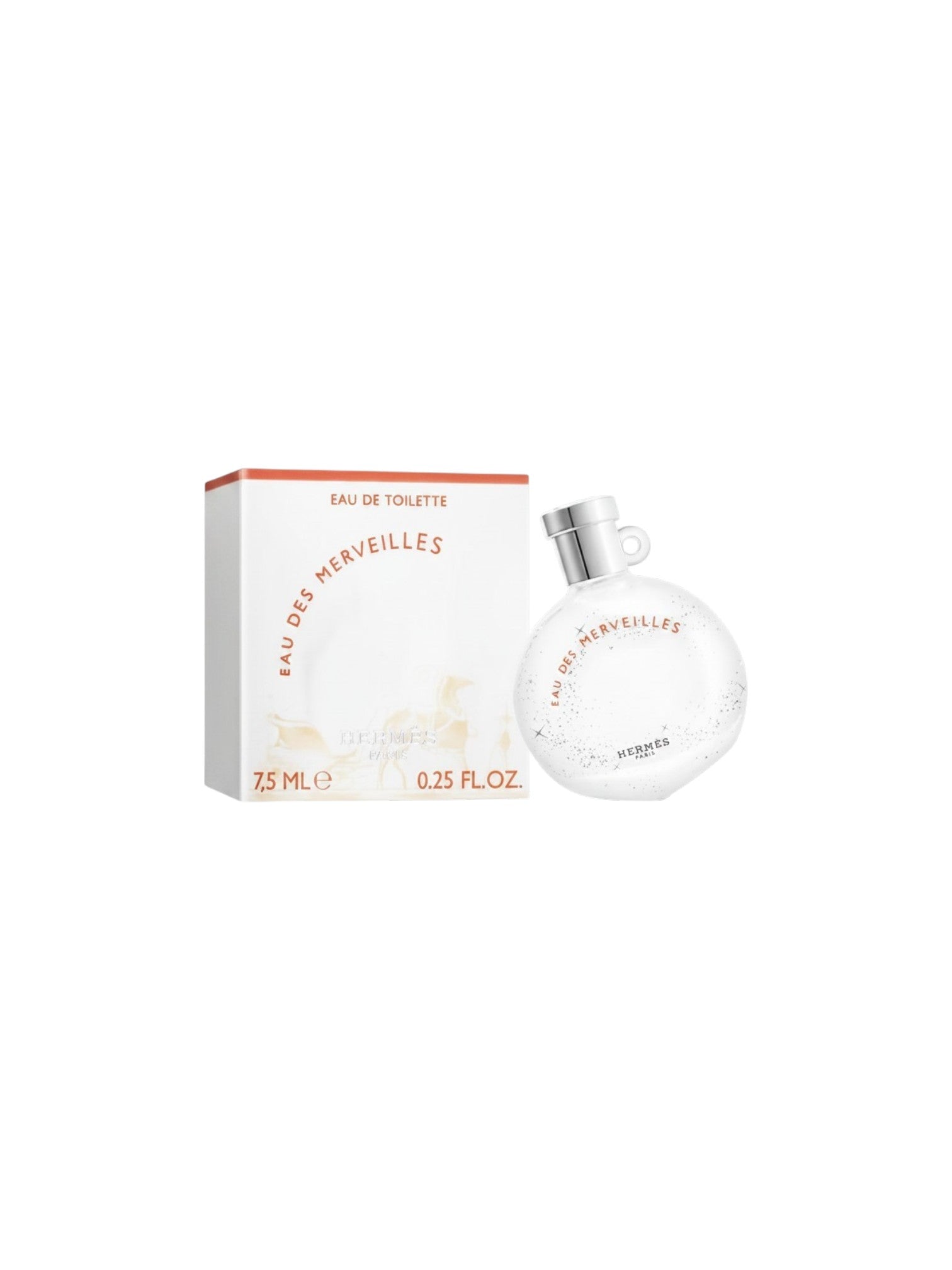 Perfume bottle and packaging of Eau des Merveilles on a white background. Hermes, Monza Outlet, Monza Fashion, Shein Outlet