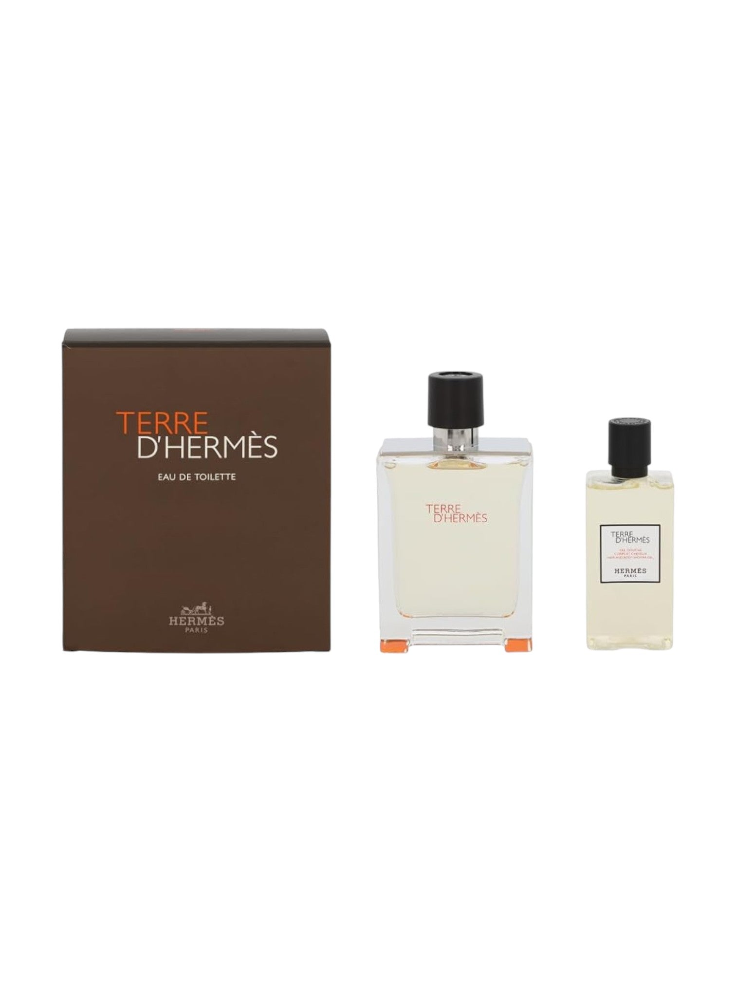 Terre d'Hermes perfume set with two bottles and a box on a white background. Hermes, Monza Outlet, Monza Fashion, Shein Outlet